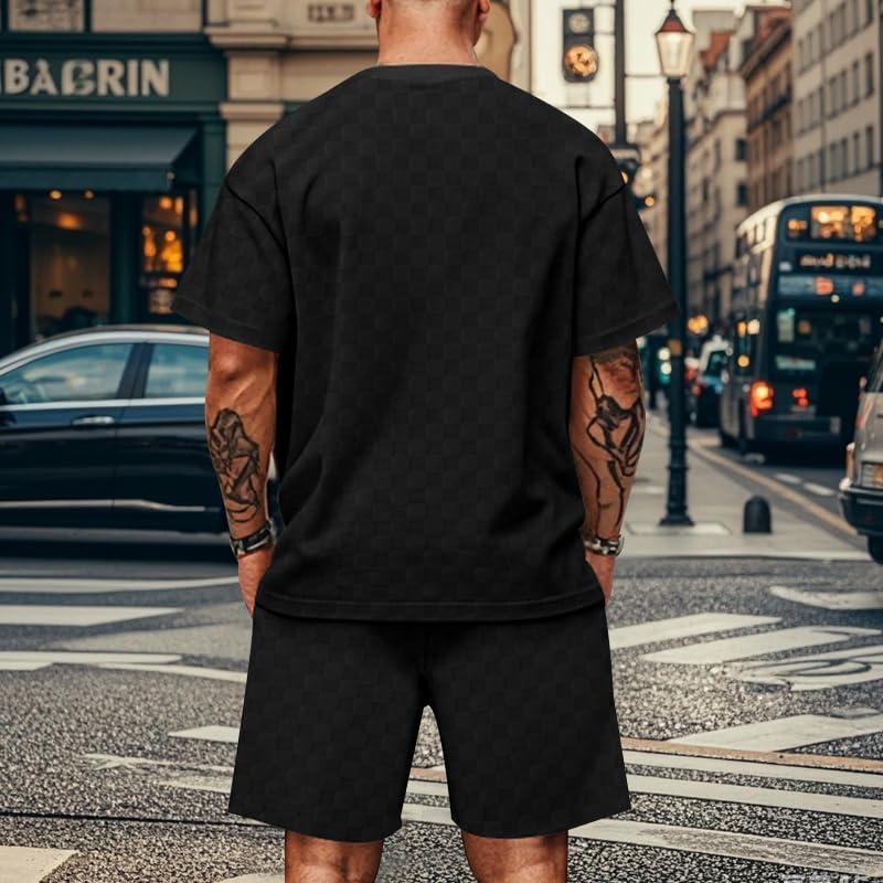 imageMens 2 Piece Set Summer Outfits Casual Geometric Texture Short Sleeve Shirt and Shorts Track Suits for Men SetBlack