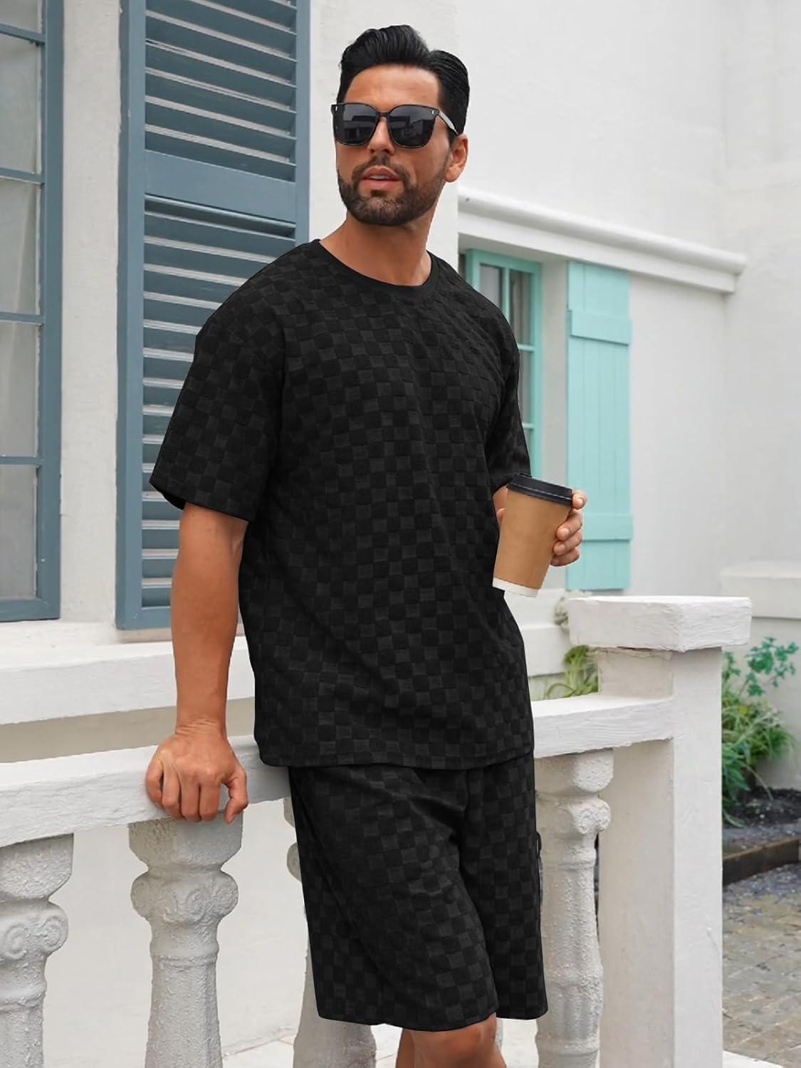 imageMens 2 Piece Set Summer Outfits Casual Geometric Texture Short Sleeve Shirt and Shorts Track Suits for Men SetBlack