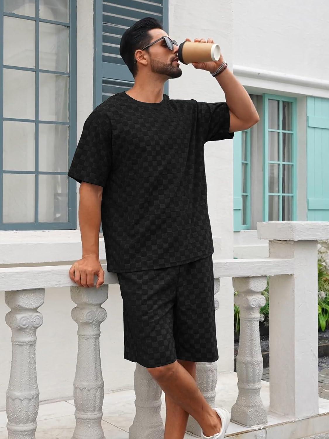 imageMens 2 Piece Set Summer Outfits Casual Geometric Texture Short Sleeve Shirt and Shorts Track Suits for Men SetBlack