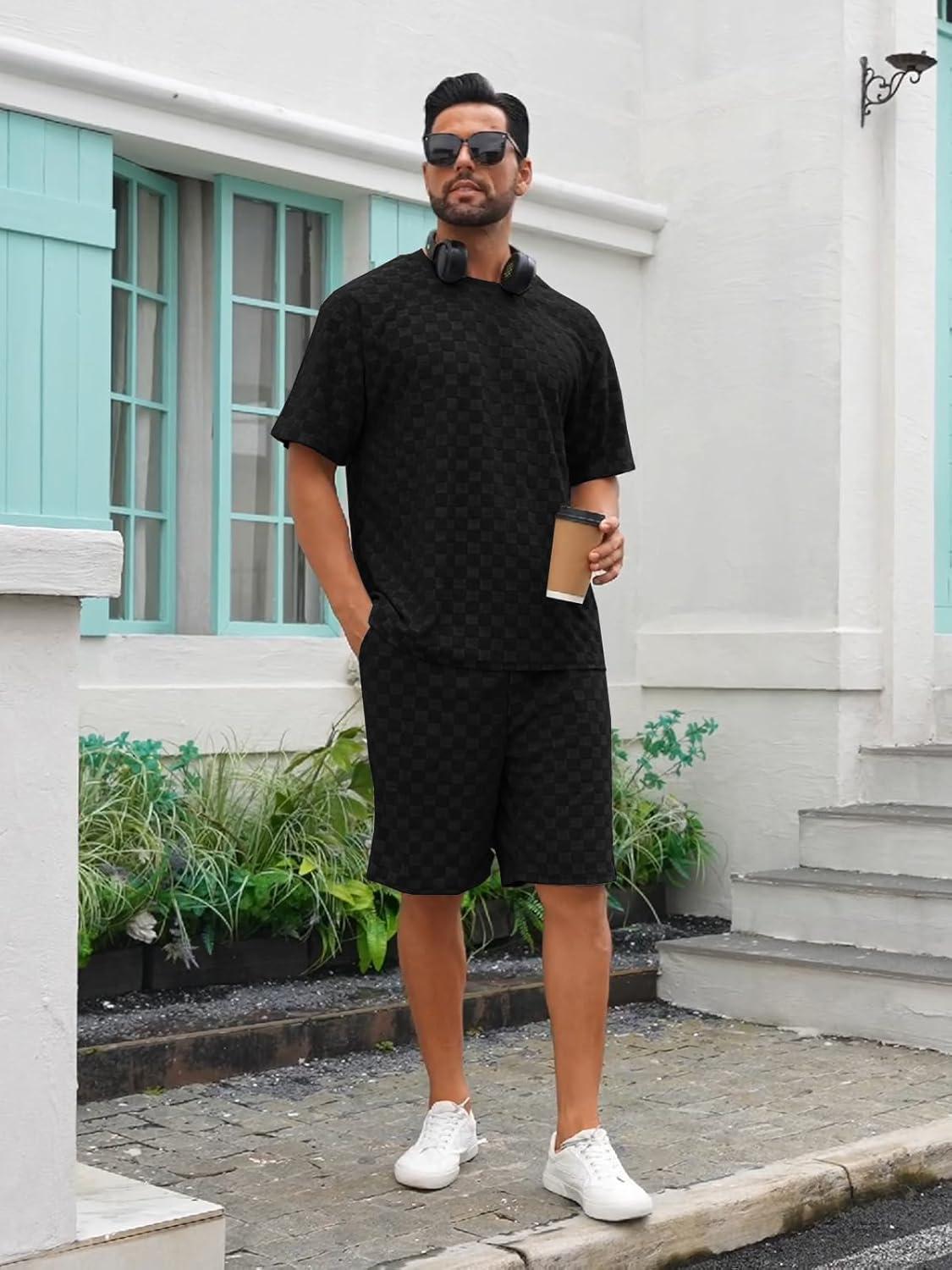 imageMens 2 Piece Set Summer Outfits Casual Geometric Texture Short Sleeve Shirt and Shorts Track Suits for Men SetBlack