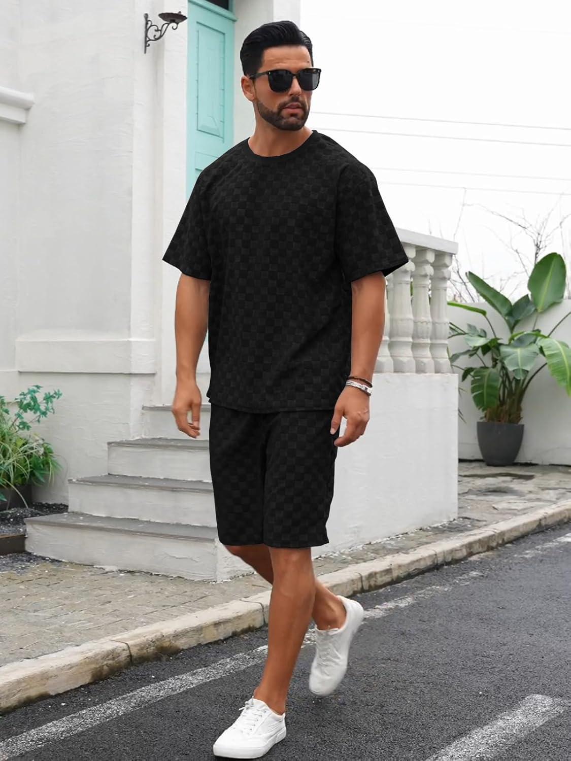 imageMens 2 Piece Set Summer Outfits Casual Geometric Texture Short Sleeve Shirt and Shorts Track Suits for Men SetBlack