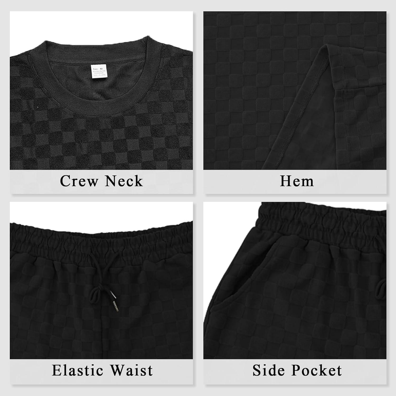 imageMens 2 Piece Set Summer Outfits Casual Geometric Texture Short Sleeve Shirt and Shorts Track Suits for Men SetBlack