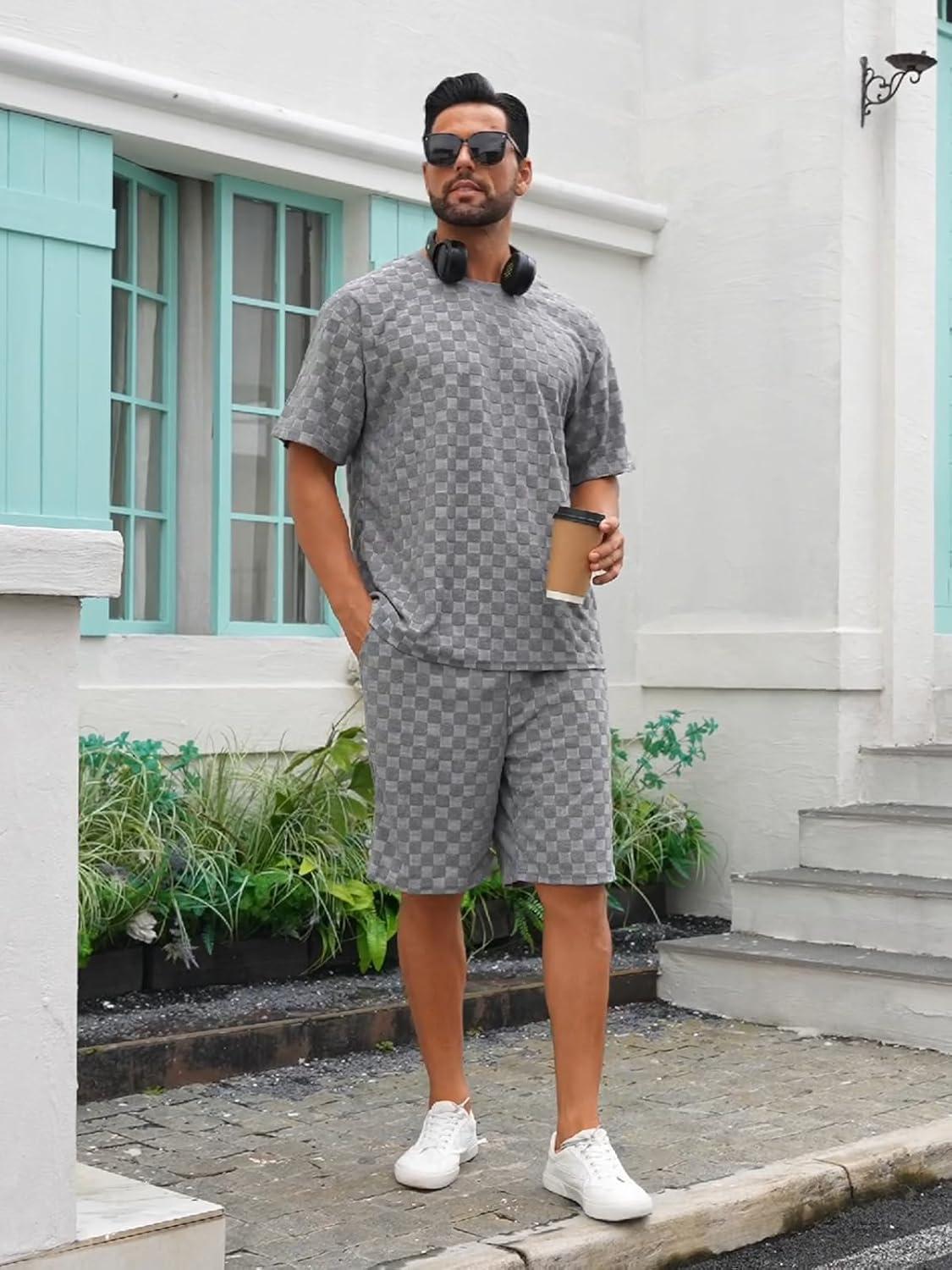 imageMens 2 Piece Set Summer Outfits Casual Geometric Texture Short Sleeve Shirt and Shorts Track Suits for Men SetGrey