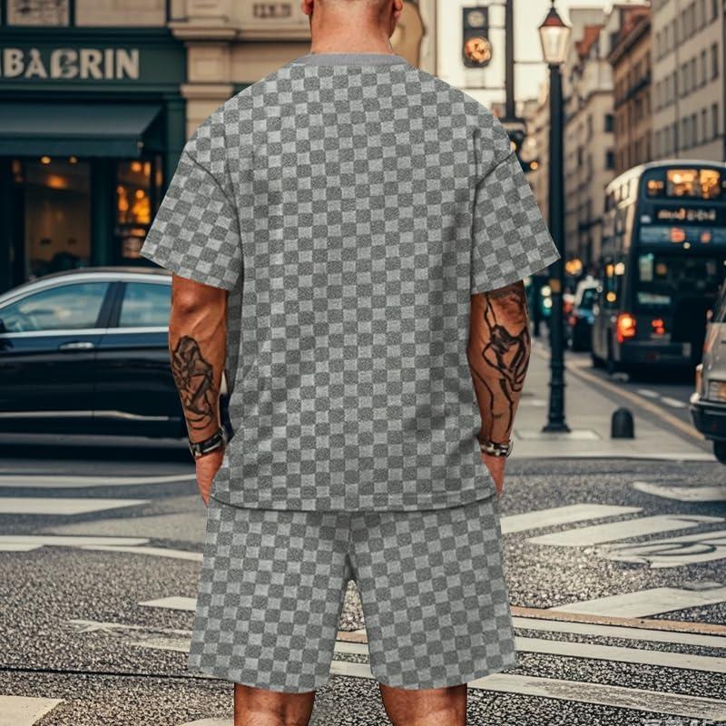 imageMens 2 Piece Set Summer Outfits Casual Geometric Texture Short Sleeve Shirt and Shorts Track Suits for Men SetGrey