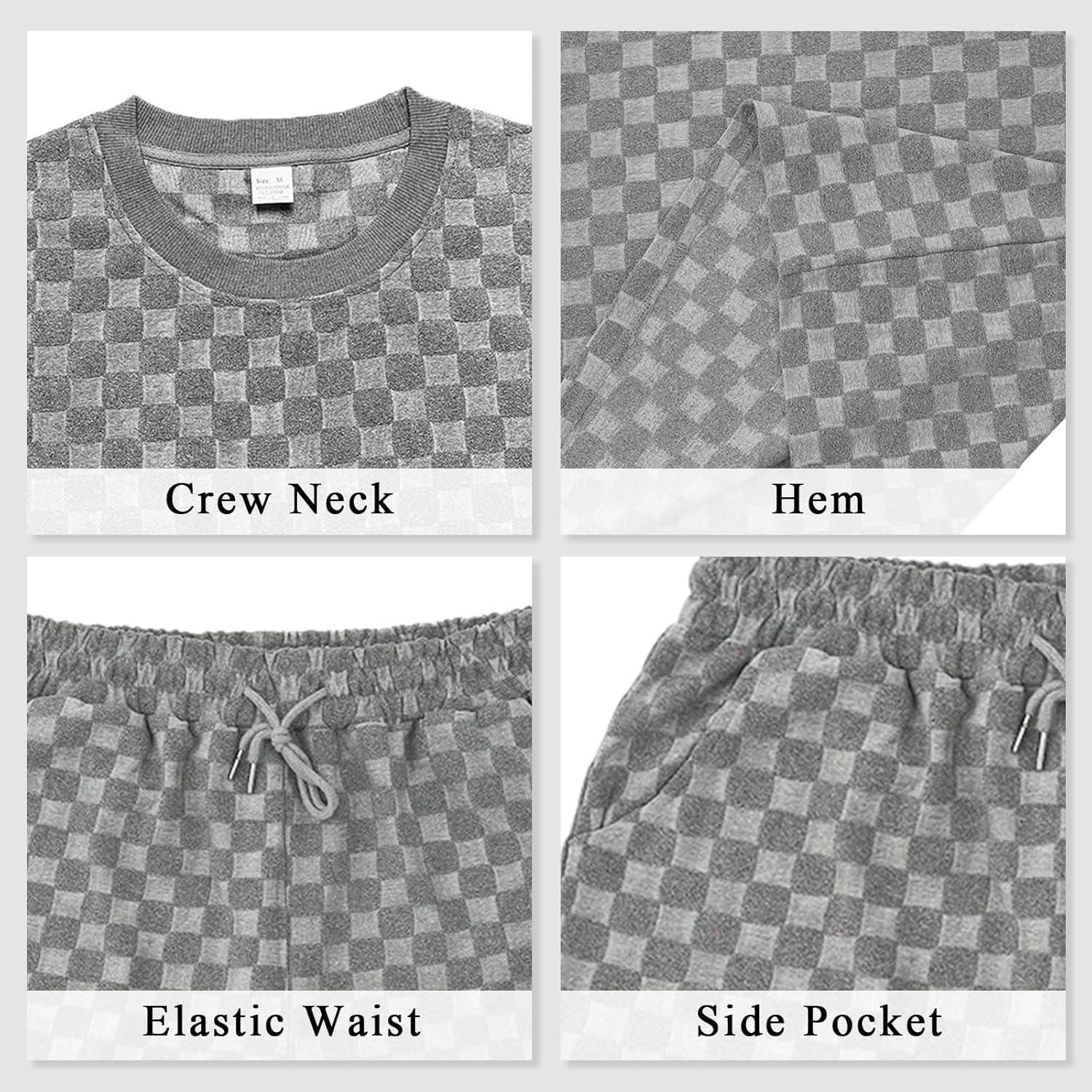 imageMens 2 Piece Set Summer Outfits Casual Geometric Texture Short Sleeve Shirt and Shorts Track Suits for Men SetGrey