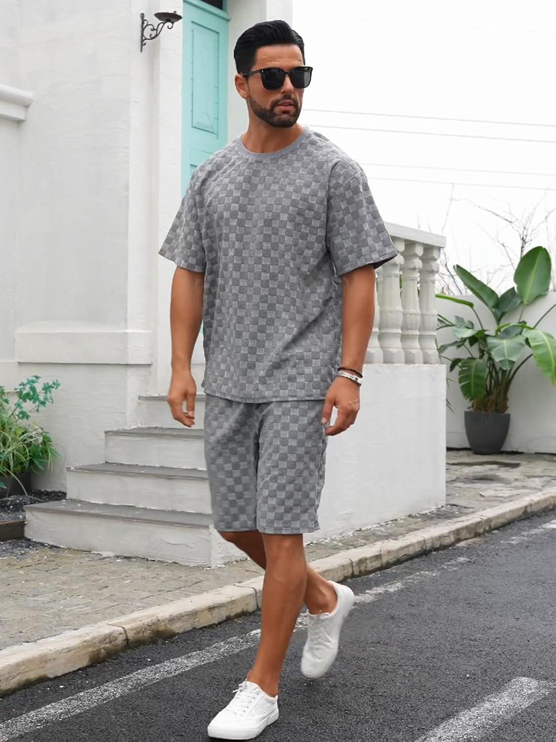 imageMens 2 Piece Set Summer Outfits Casual Geometric Texture Short Sleeve Shirt and Shorts Track Suits for Men SetGrey