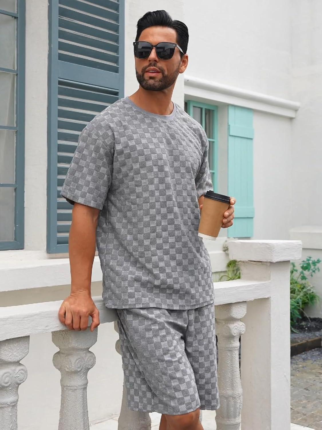 imageMens 2 Piece Set Summer Outfits Casual Geometric Texture Short Sleeve Shirt and Shorts Track Suits for Men SetGrey