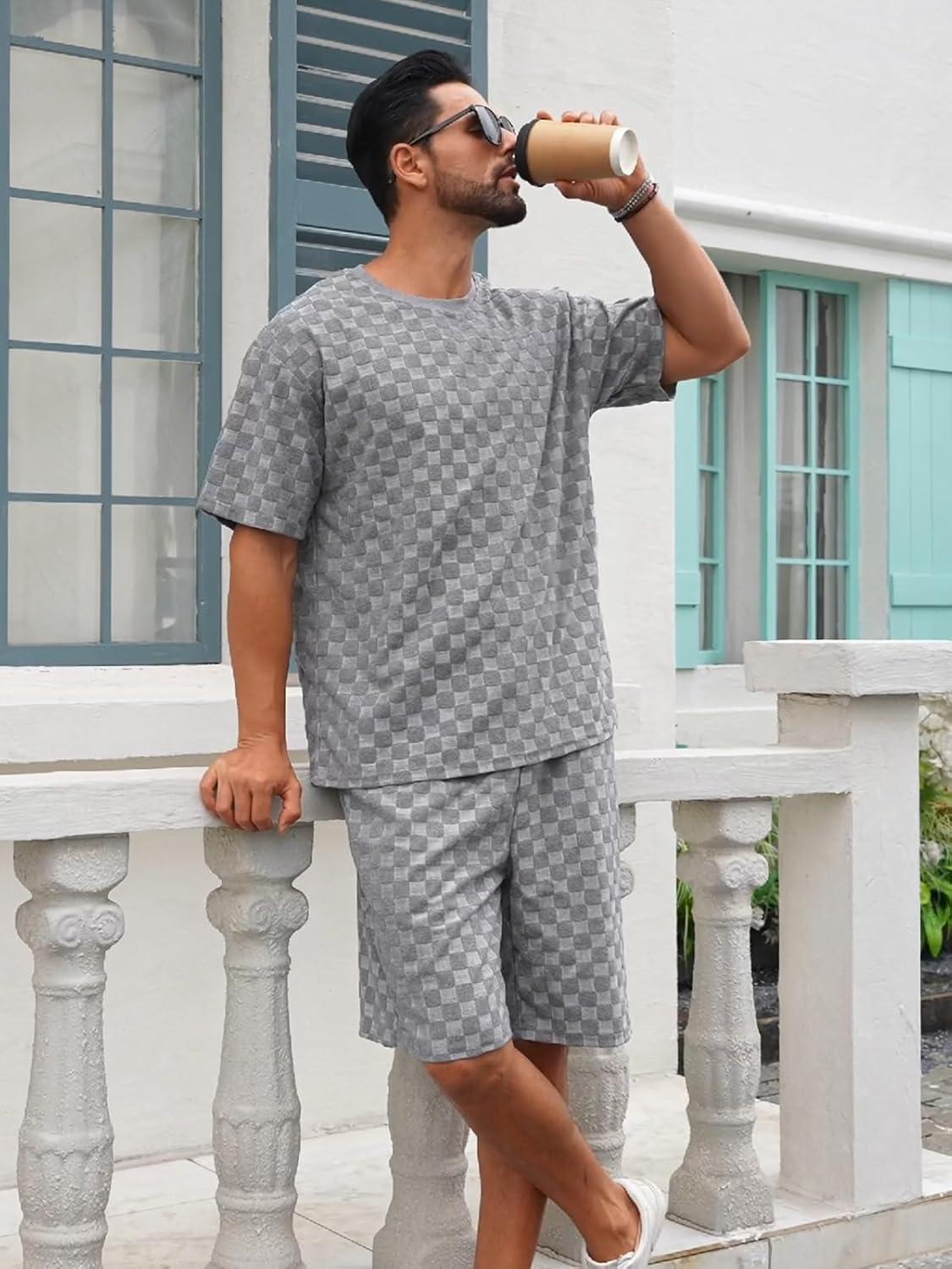 imageMens 2 Piece Set Summer Outfits Casual Geometric Texture Short Sleeve Shirt and Shorts Track Suits for Men SetGrey