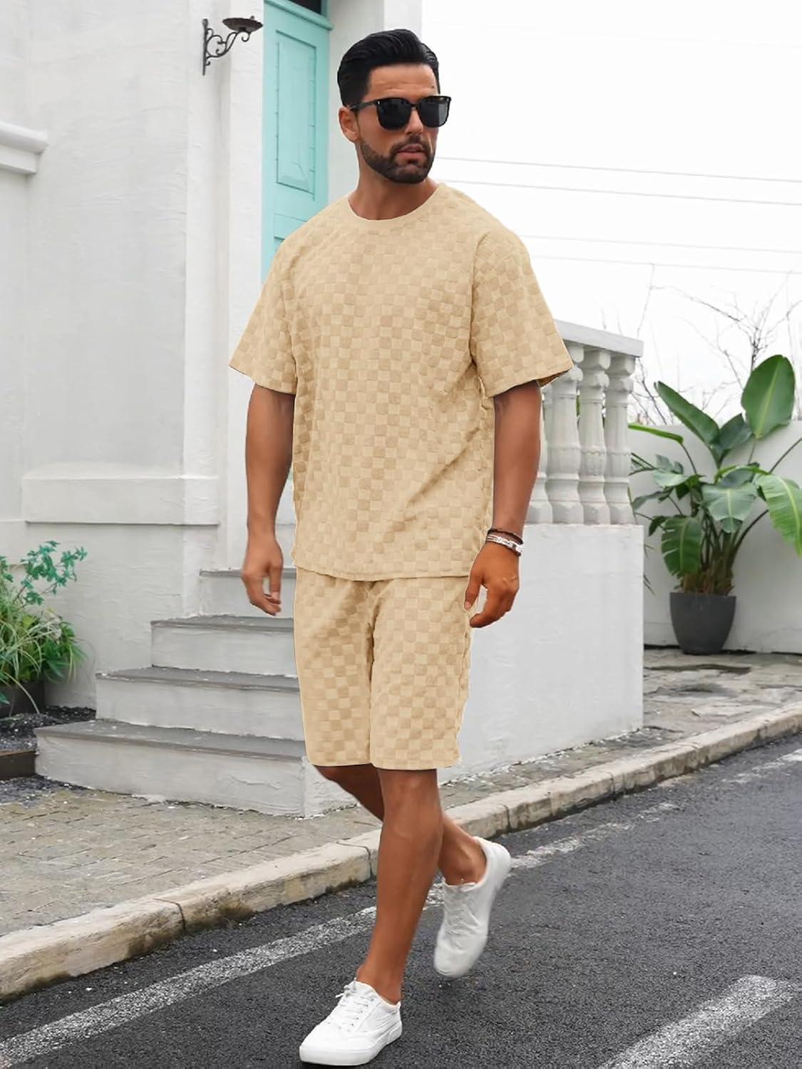 imageMens 2 Piece Set Summer Outfits Casual Geometric Texture Short Sleeve Shirt and Shorts Track Suits for Men SetKhaki