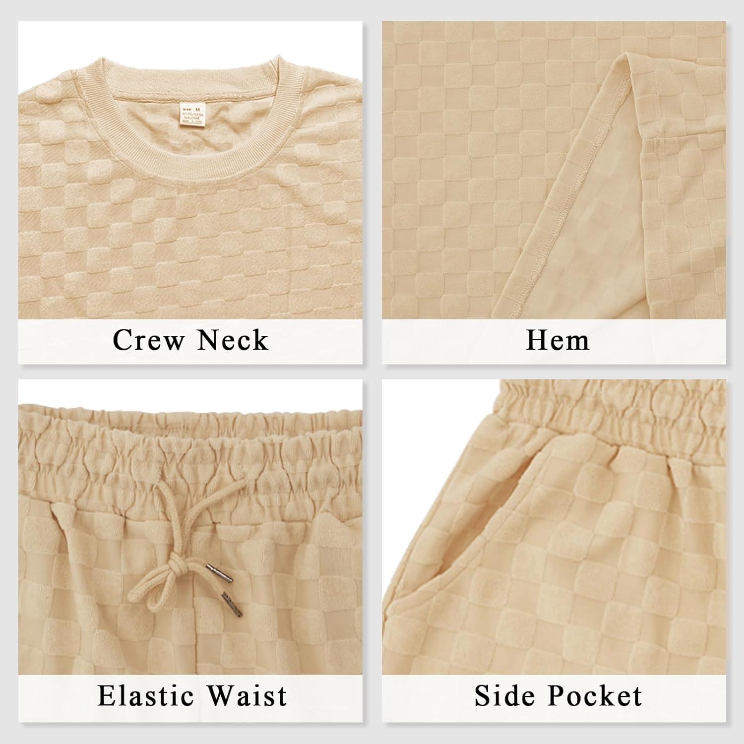 imageMens 2 Piece Set Summer Outfits Casual Geometric Texture Short Sleeve Shirt and Shorts Track Suits for Men SetKhaki