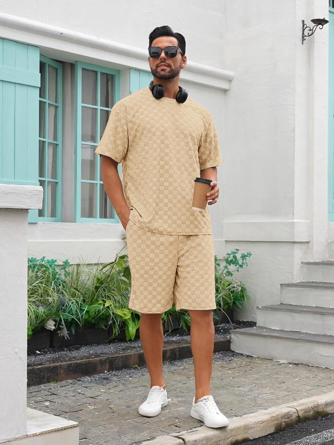 imageMens 2 Piece Set Summer Outfits Casual Geometric Texture Short Sleeve Shirt and Shorts Track Suits for Men SetKhaki