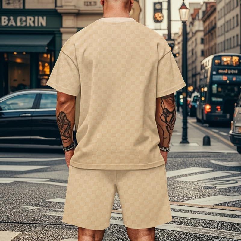 imageMens 2 Piece Set Summer Outfits Casual Geometric Texture Short Sleeve Shirt and Shorts Track Suits for Men SetKhaki