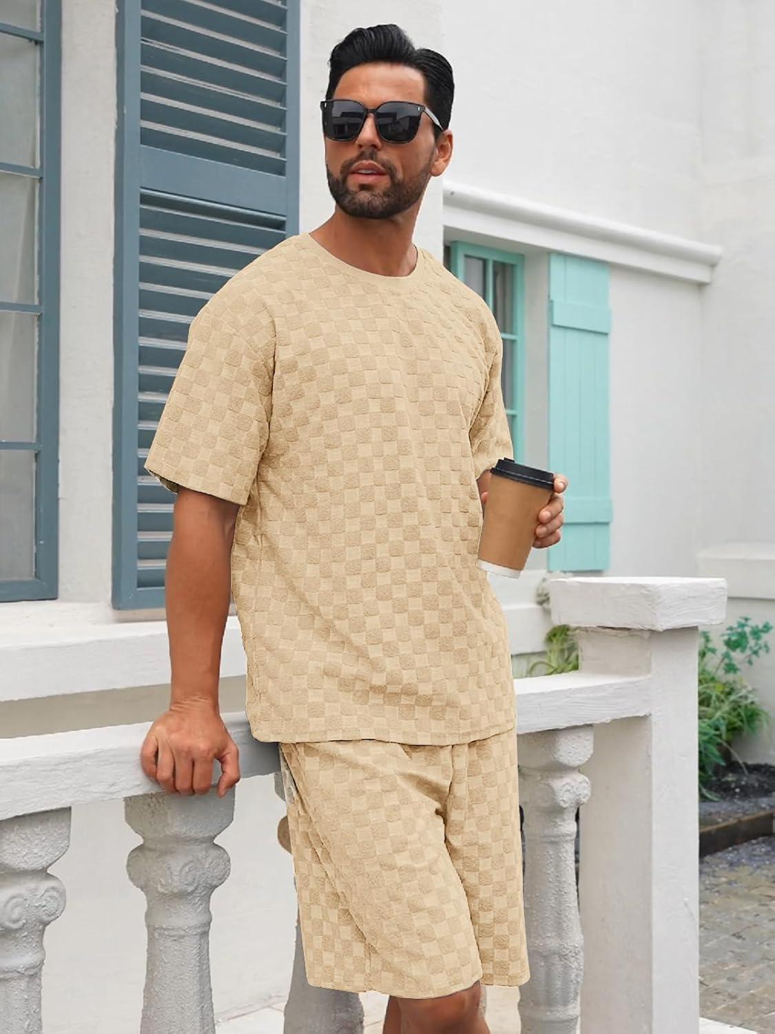 imageMens 2 Piece Set Summer Outfits Casual Geometric Texture Short Sleeve Shirt and Shorts Track Suits for Men SetKhaki