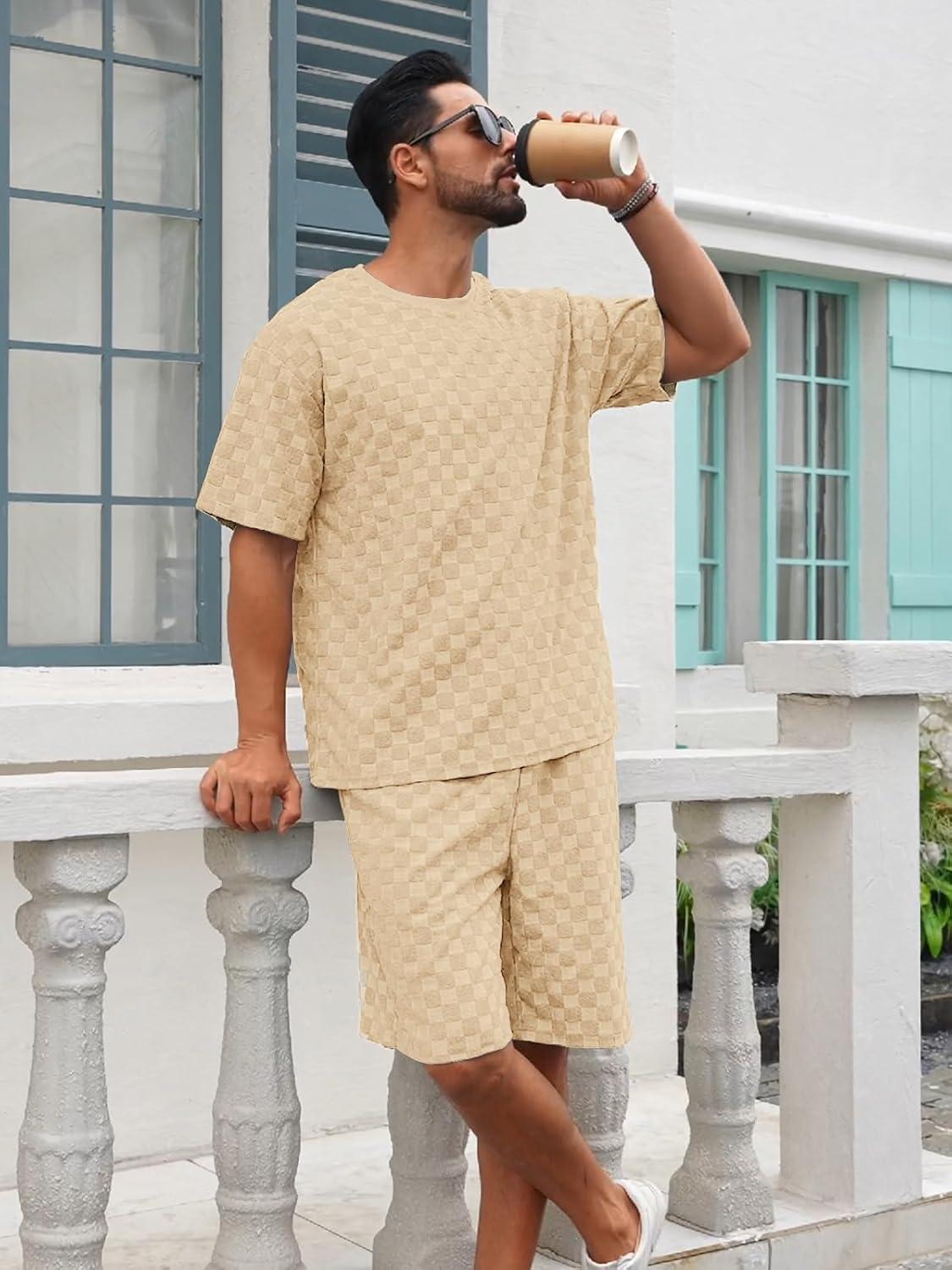 imageMens 2 Piece Set Summer Outfits Casual Geometric Texture Short Sleeve Shirt and Shorts Track Suits for Men SetKhaki