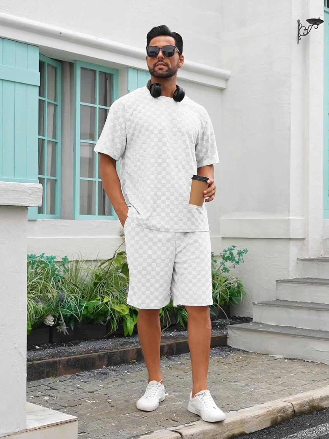 imageMens 2 Piece Set Summer Outfits Casual Geometric Texture Short Sleeve Shirt and Shorts Track Suits for Men SetWhite