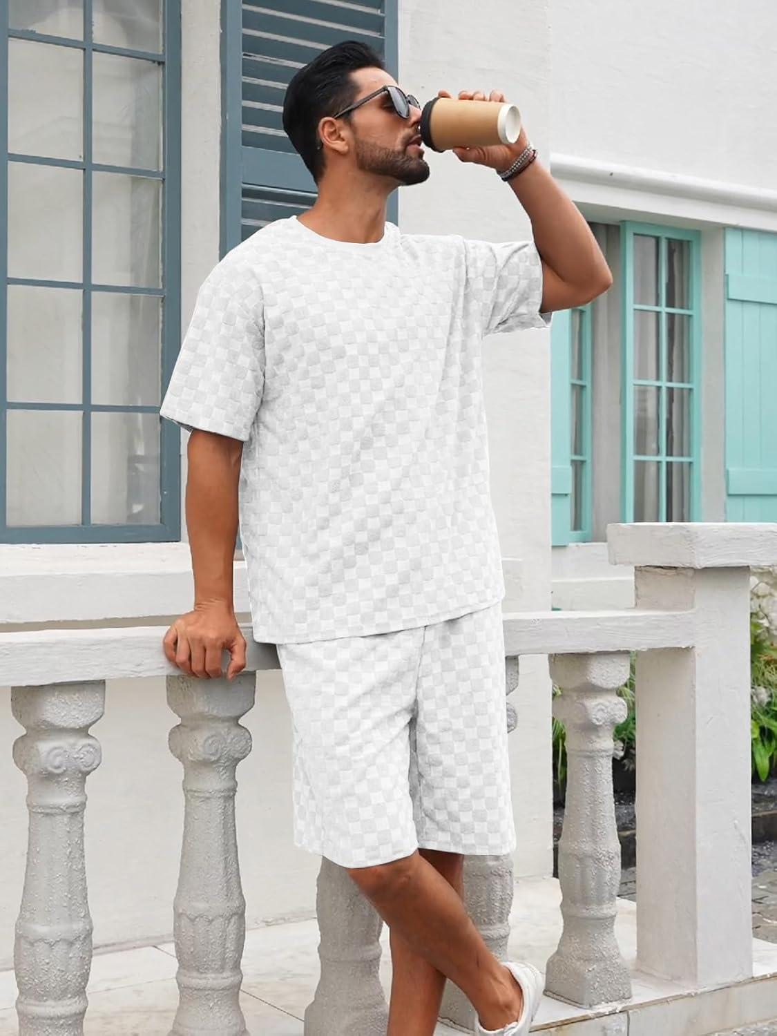 imageMens 2 Piece Set Summer Outfits Casual Geometric Texture Short Sleeve Shirt and Shorts Track Suits for Men SetWhite