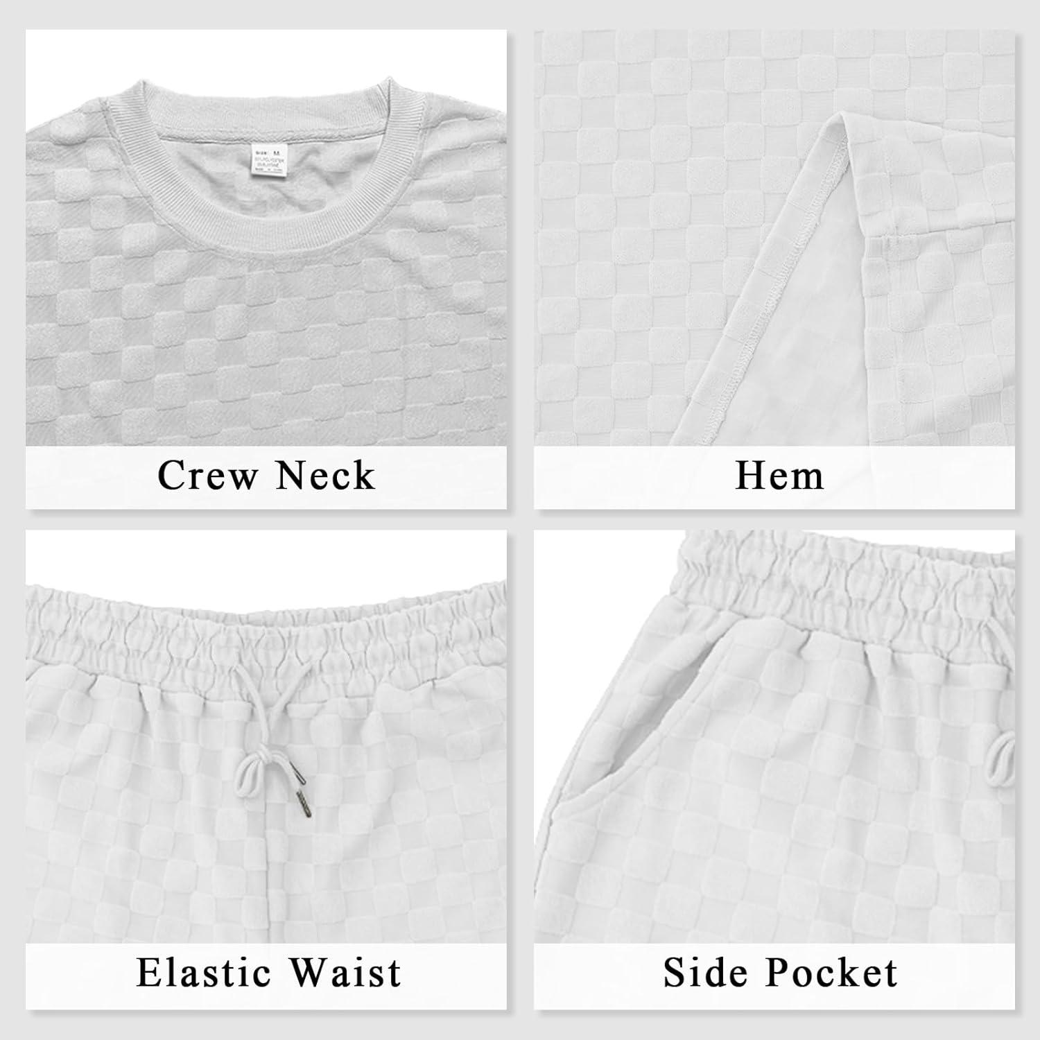 imageMens 2 Piece Set Summer Outfits Casual Geometric Texture Short Sleeve Shirt and Shorts Track Suits for Men SetWhite