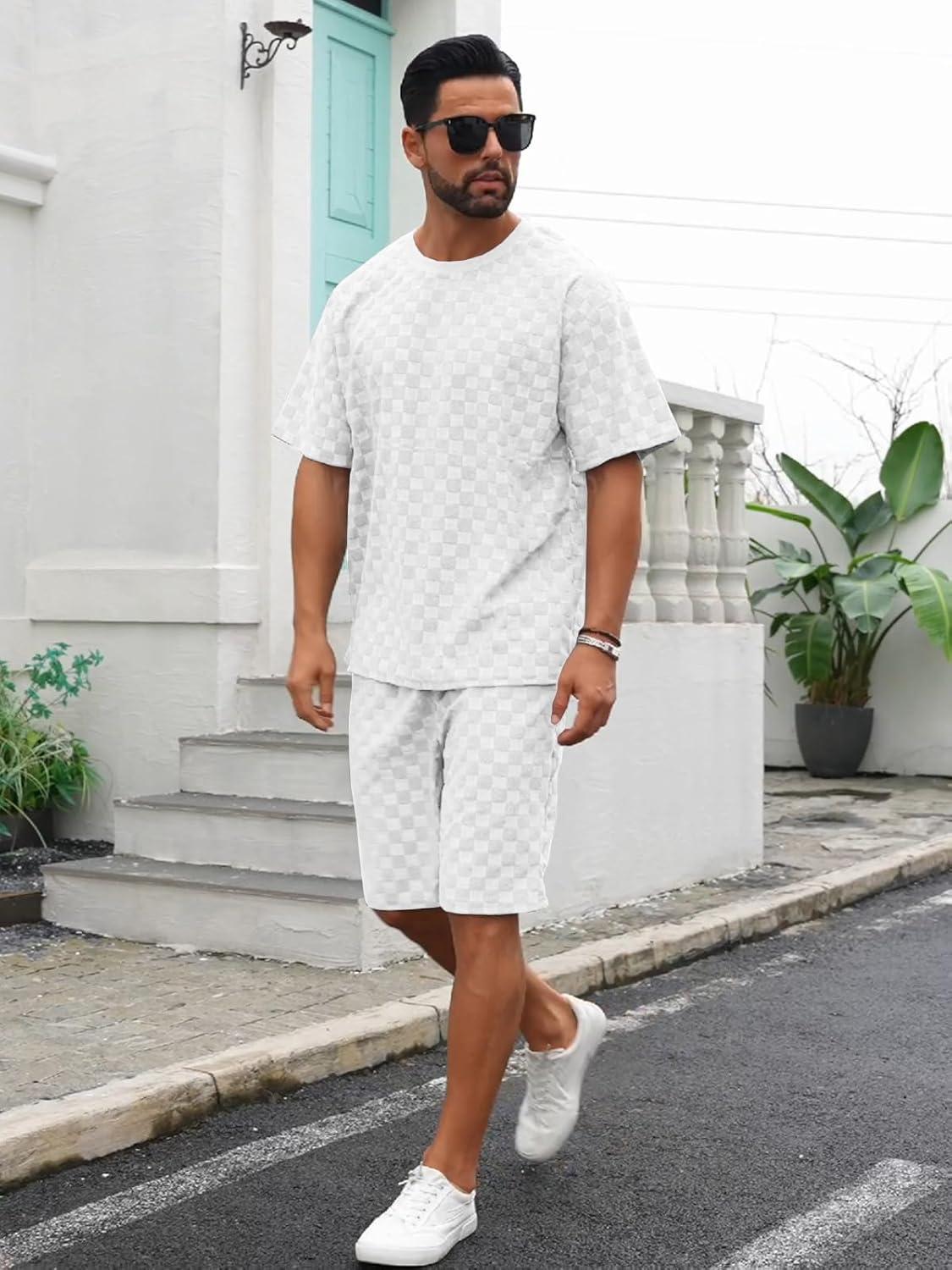 imageMens 2 Piece Set Summer Outfits Casual Geometric Texture Short Sleeve Shirt and Shorts Track Suits for Men SetWhite