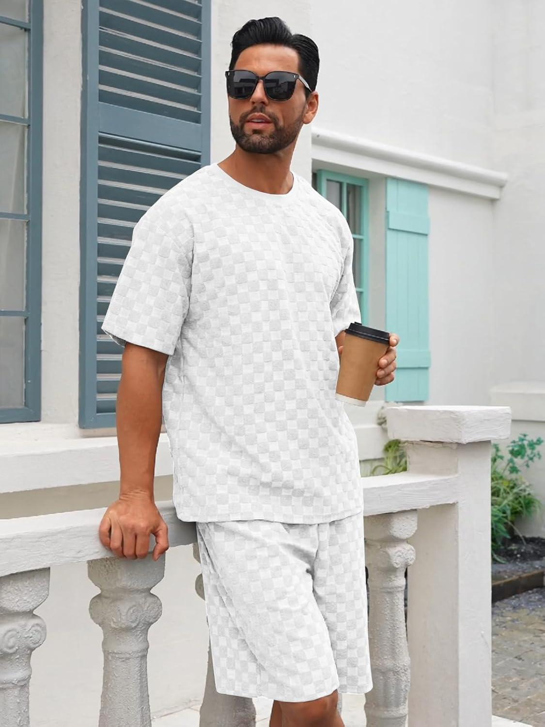 imageMens 2 Piece Set Summer Outfits Casual Geometric Texture Short Sleeve Shirt and Shorts Track Suits for Men SetWhite