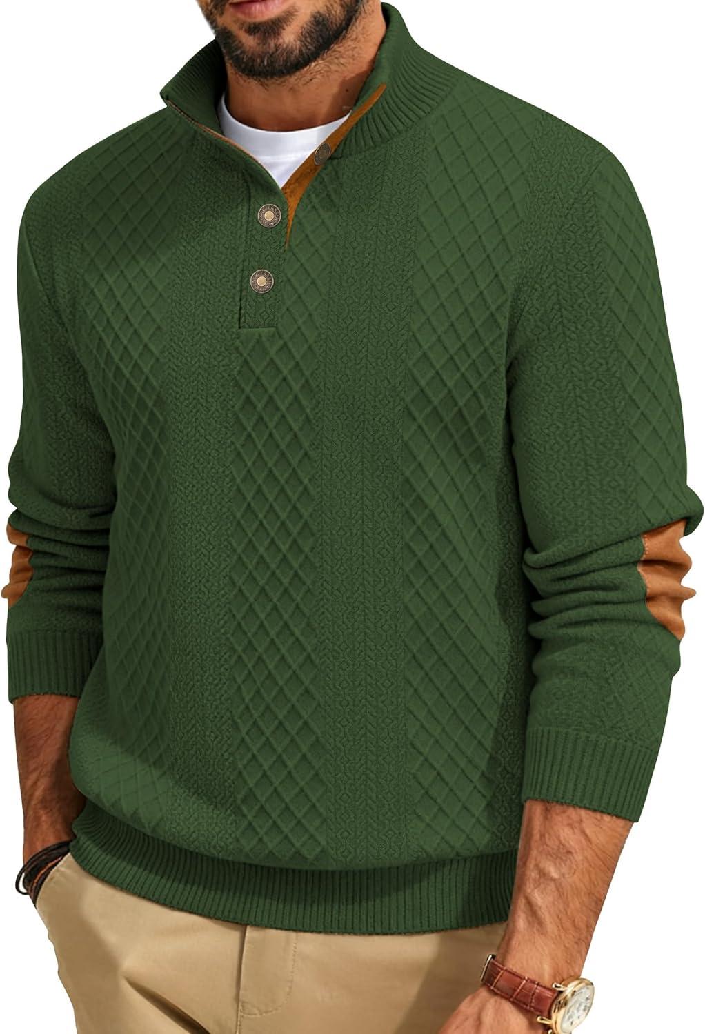 imageMens Block Striped Sweatshirt Casual Outdoor Long Sleeve Stand Collar Pullover Sweatshirt Button Quarter SweaterArmy Green