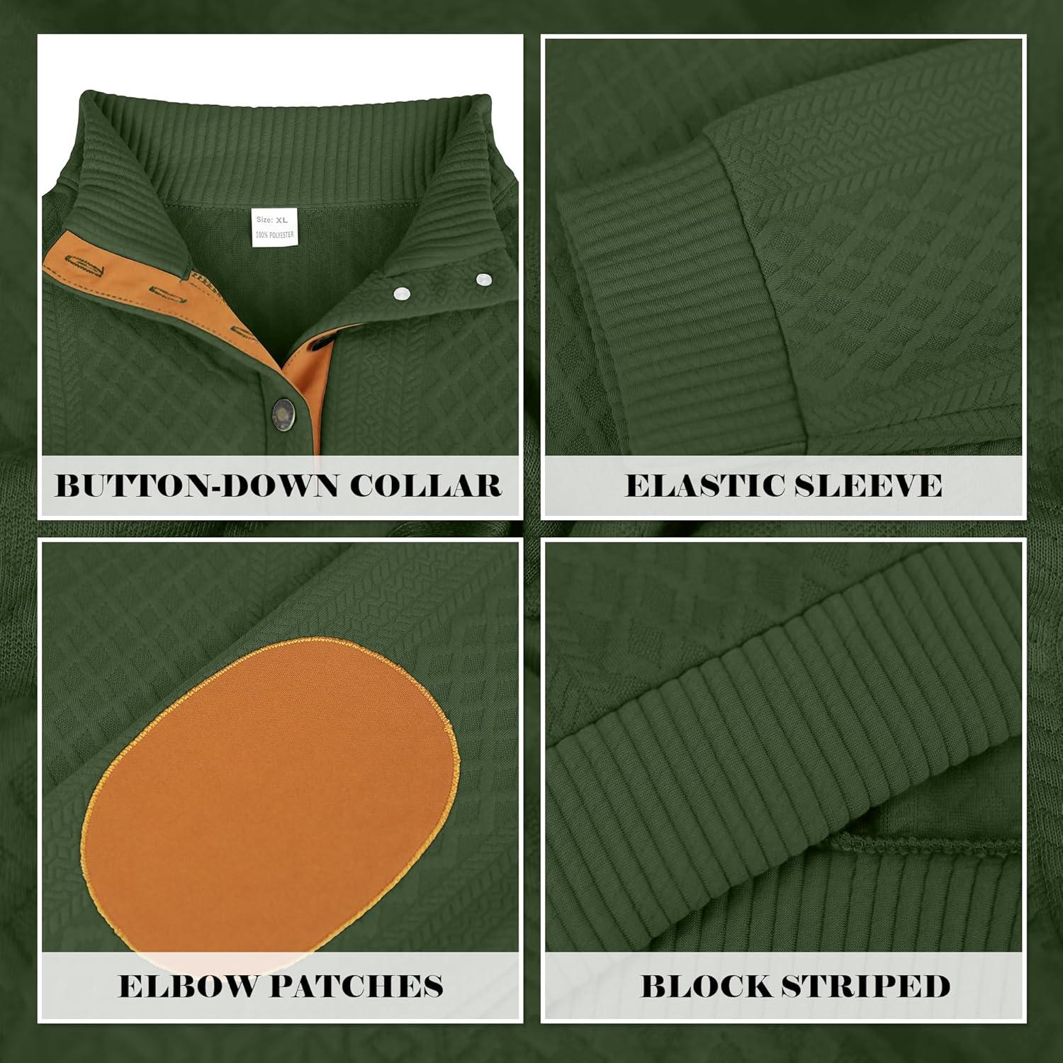 imageMens Block Striped Sweatshirt Casual Outdoor Long Sleeve Stand Collar Pullover Sweatshirt Button Quarter SweaterArmy Green