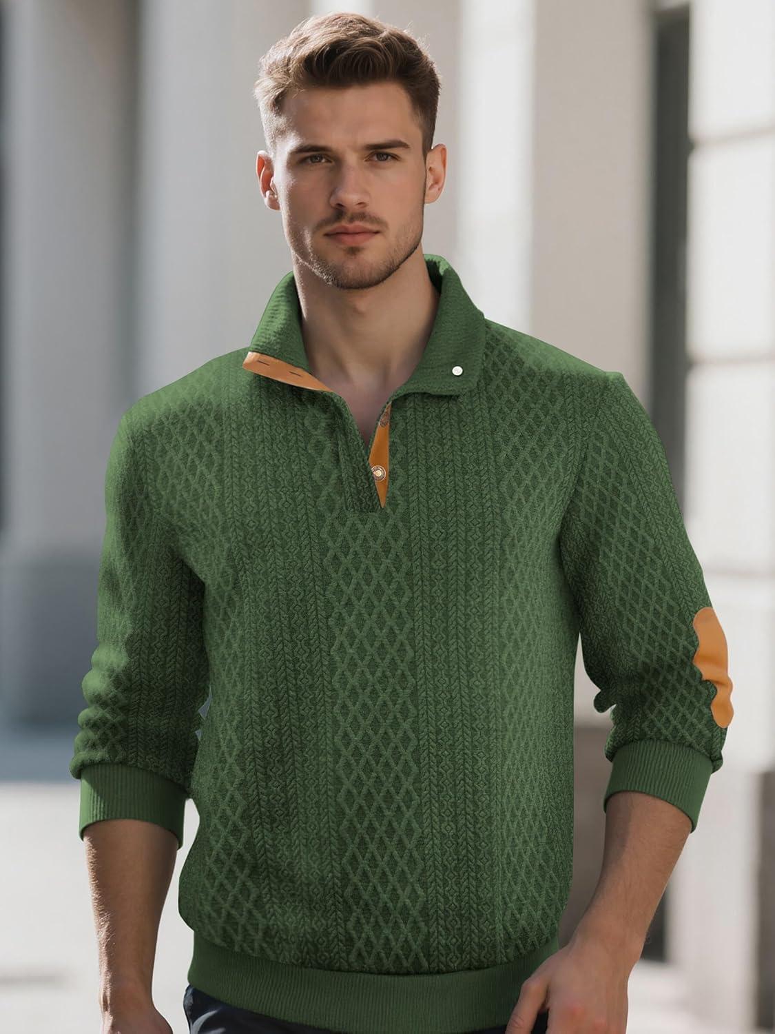 imageMens Block Striped Sweatshirt Casual Outdoor Long Sleeve Stand Collar Pullover Sweatshirt Button Quarter SweaterArmy Green