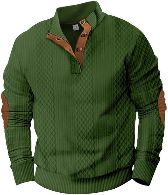 imageMens Block Striped Sweatshirt Casual Outdoor Long Sleeve Stand Collar Pullover Sweatshirt Button Quarter SweaterArmy Green