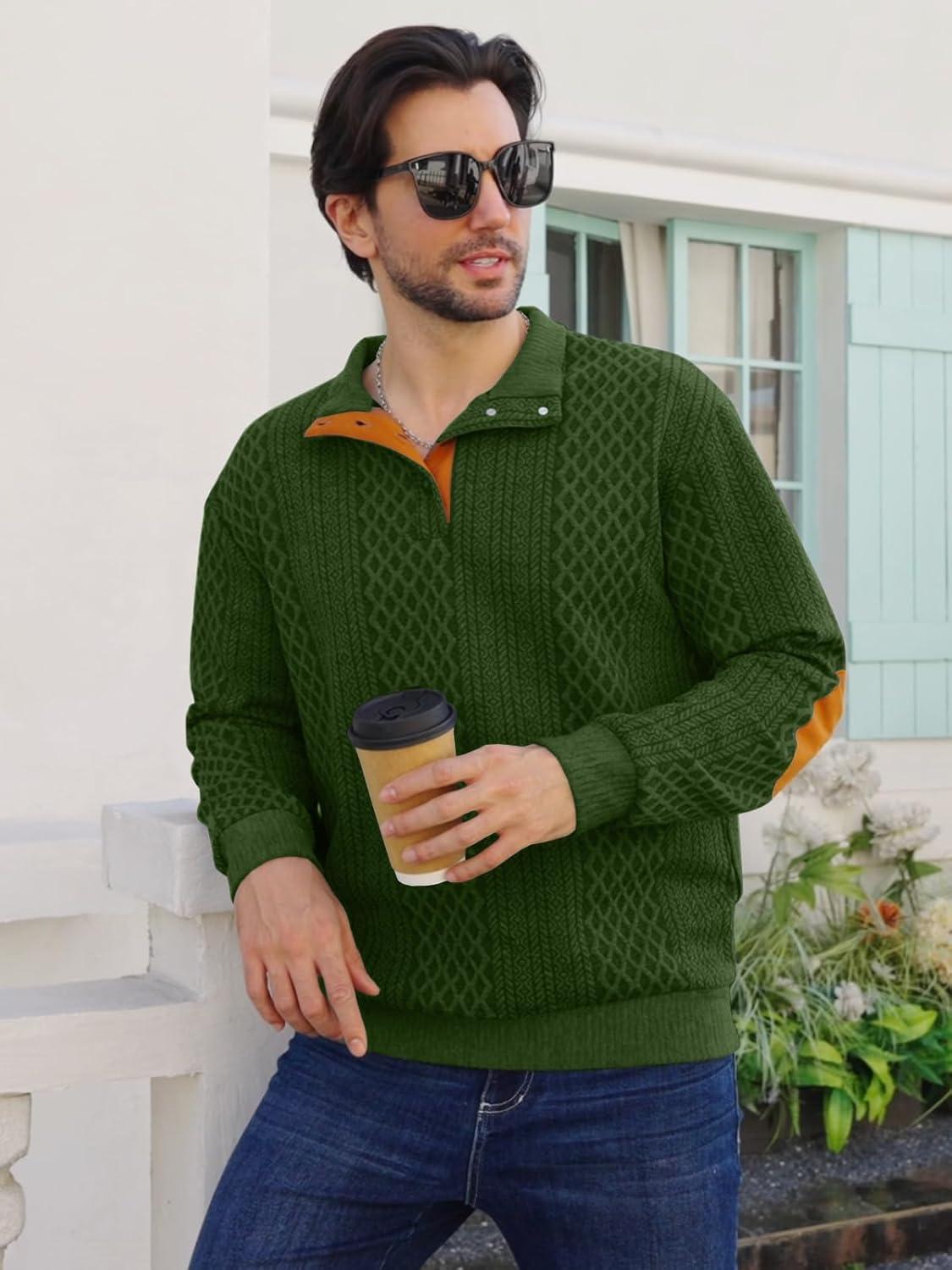 imageMens Block Striped Sweatshirt Casual Outdoor Long Sleeve Stand Collar Pullover Sweatshirt Button Quarter SweaterArmy Green