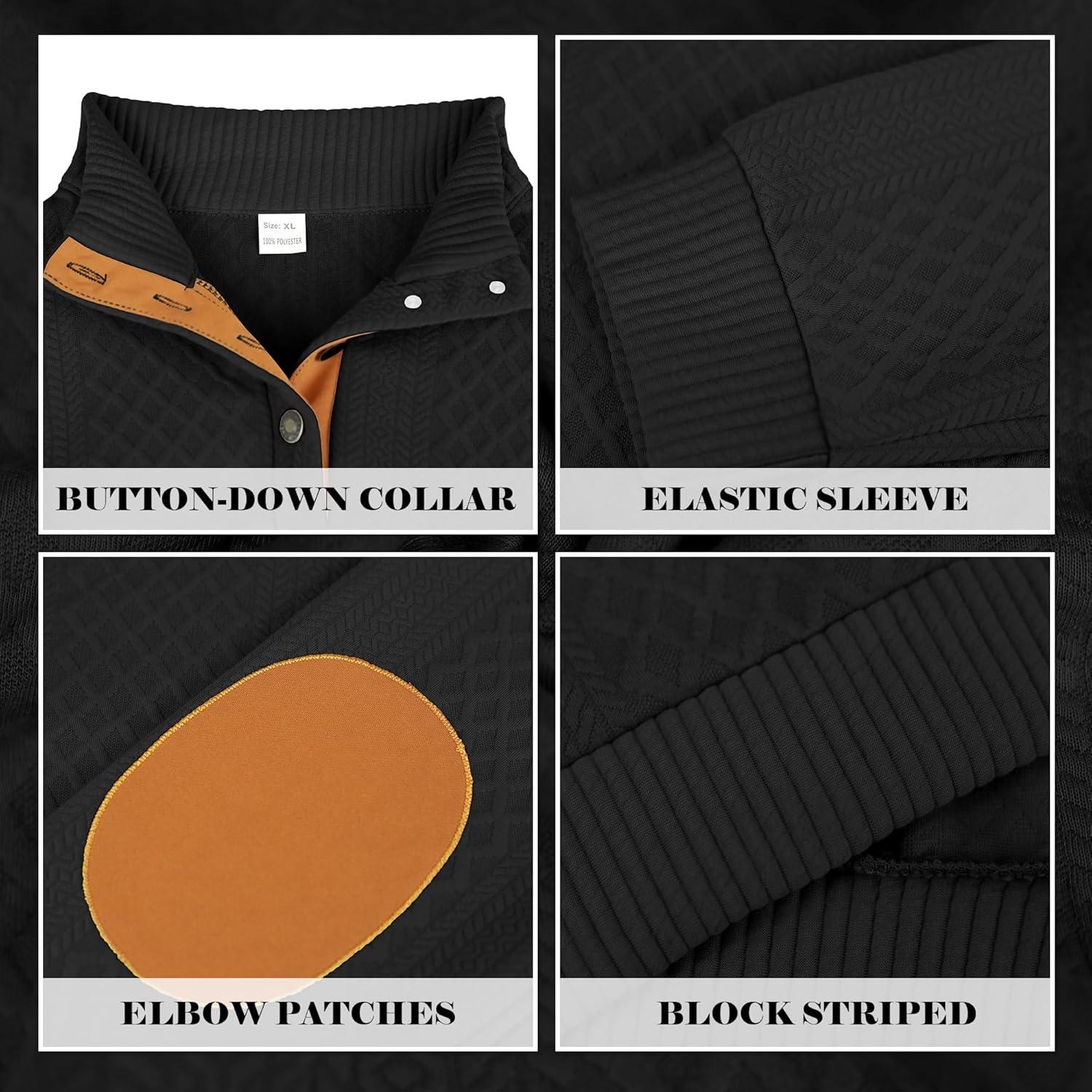 imageMens Block Striped Sweatshirt Casual Outdoor Long Sleeve Stand Collar Pullover Sweatshirt Button Quarter SweaterBlack