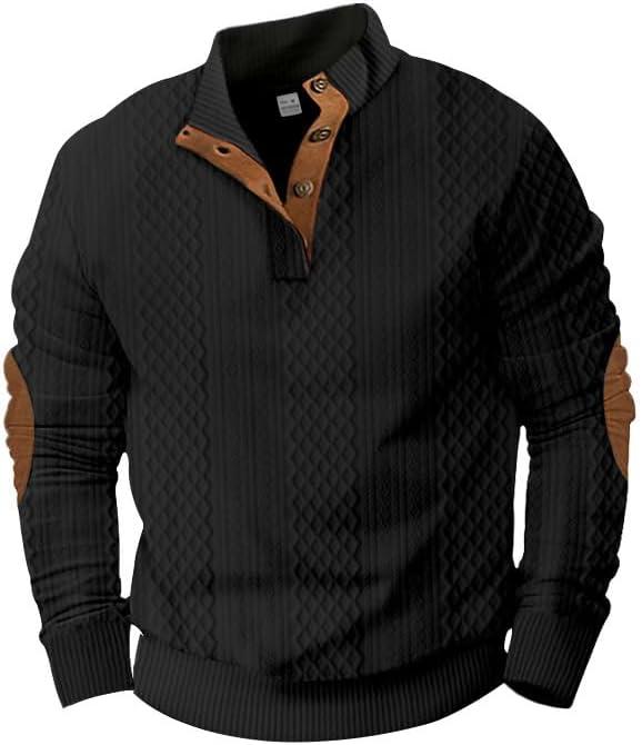 imageMens Block Striped Sweatshirt Casual Outdoor Long Sleeve Stand Collar Pullover Sweatshirt Button Quarter SweaterBlack