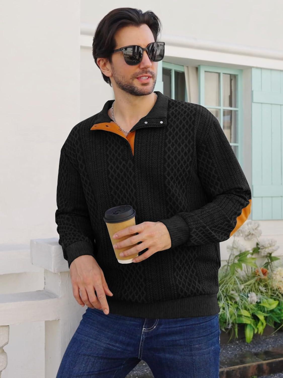 imageMens Block Striped Sweatshirt Casual Outdoor Long Sleeve Stand Collar Pullover Sweatshirt Button Quarter SweaterBlack