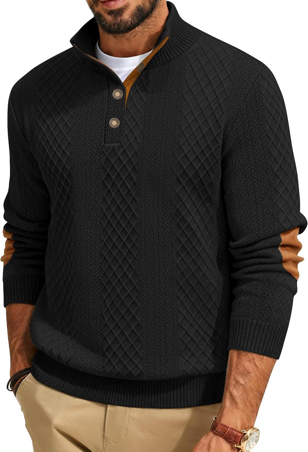 imageMens Block Striped Sweatshirt Casual Outdoor Long Sleeve Stand Collar Pullover Sweatshirt Button Quarter SweaterBlack