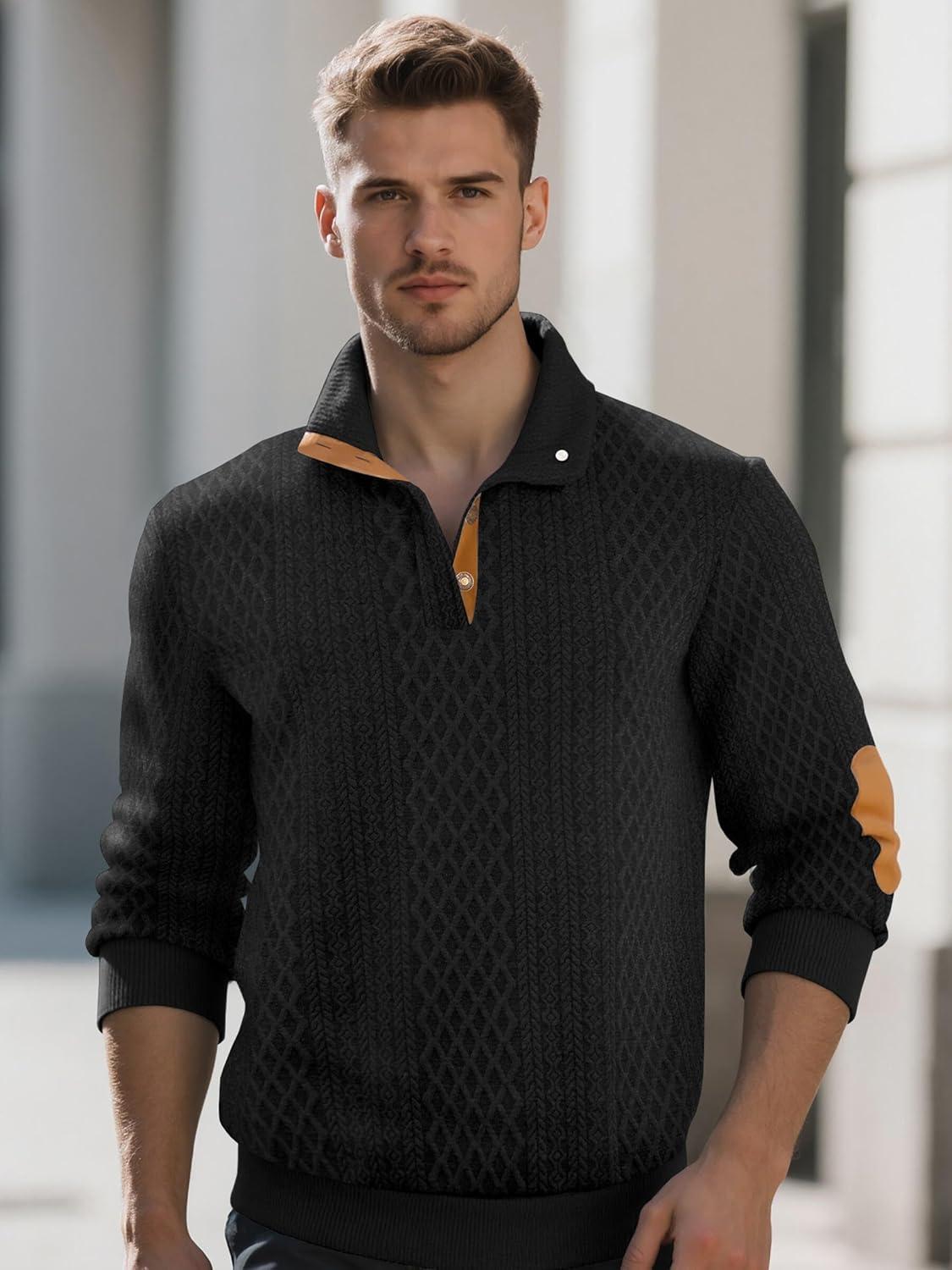 imageMens Block Striped Sweatshirt Casual Outdoor Long Sleeve Stand Collar Pullover Sweatshirt Button Quarter SweaterBlack