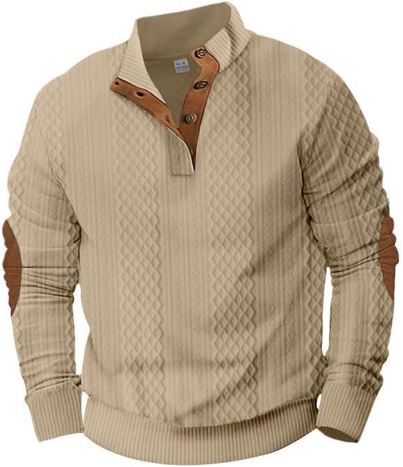 imageMens Block Striped Sweatshirt Casual Outdoor Long Sleeve Stand Collar Pullover Sweatshirt Button Quarter SweaterKhaki