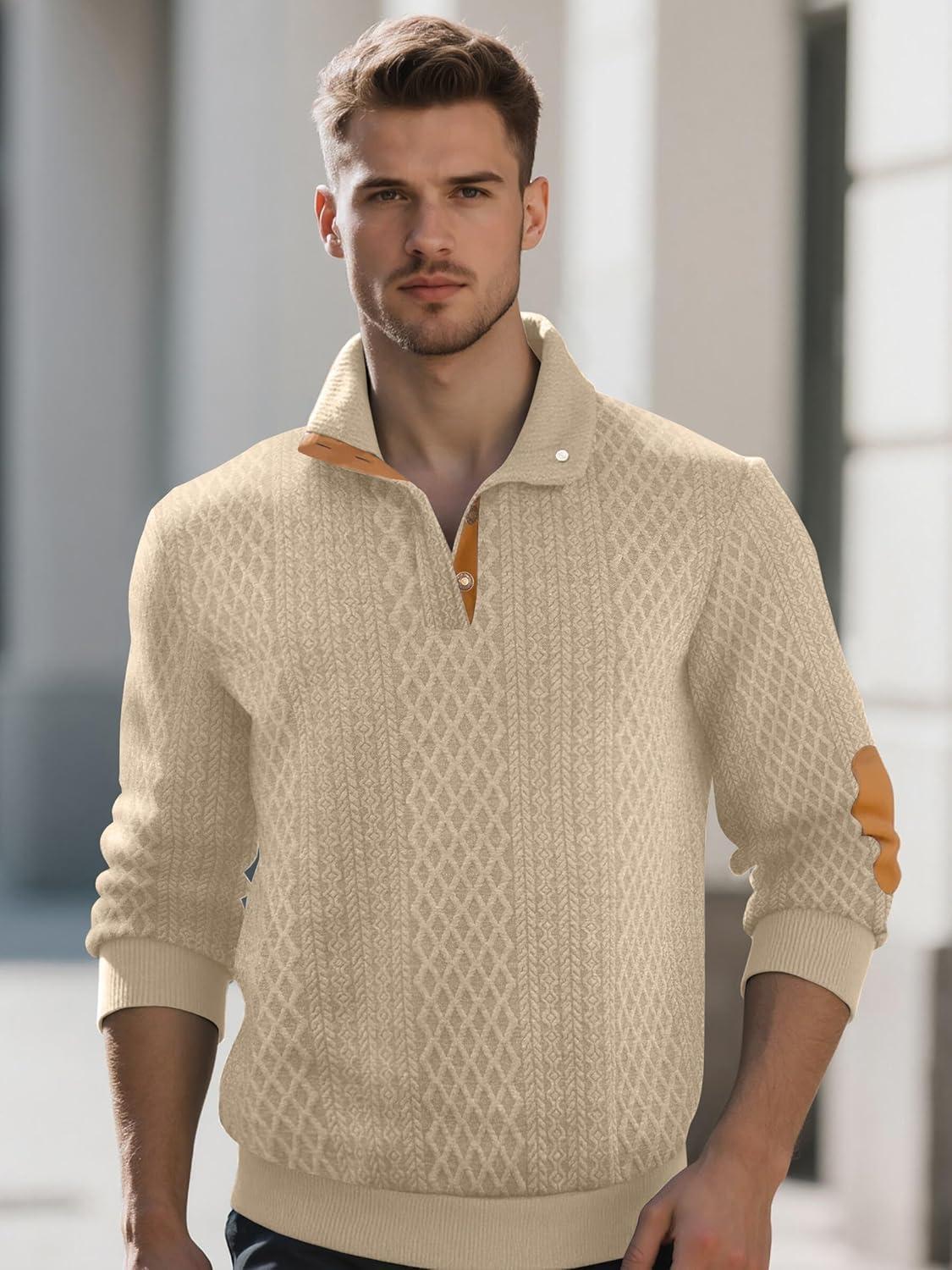 imageMens Block Striped Sweatshirt Casual Outdoor Long Sleeve Stand Collar Pullover Sweatshirt Button Quarter SweaterKhaki