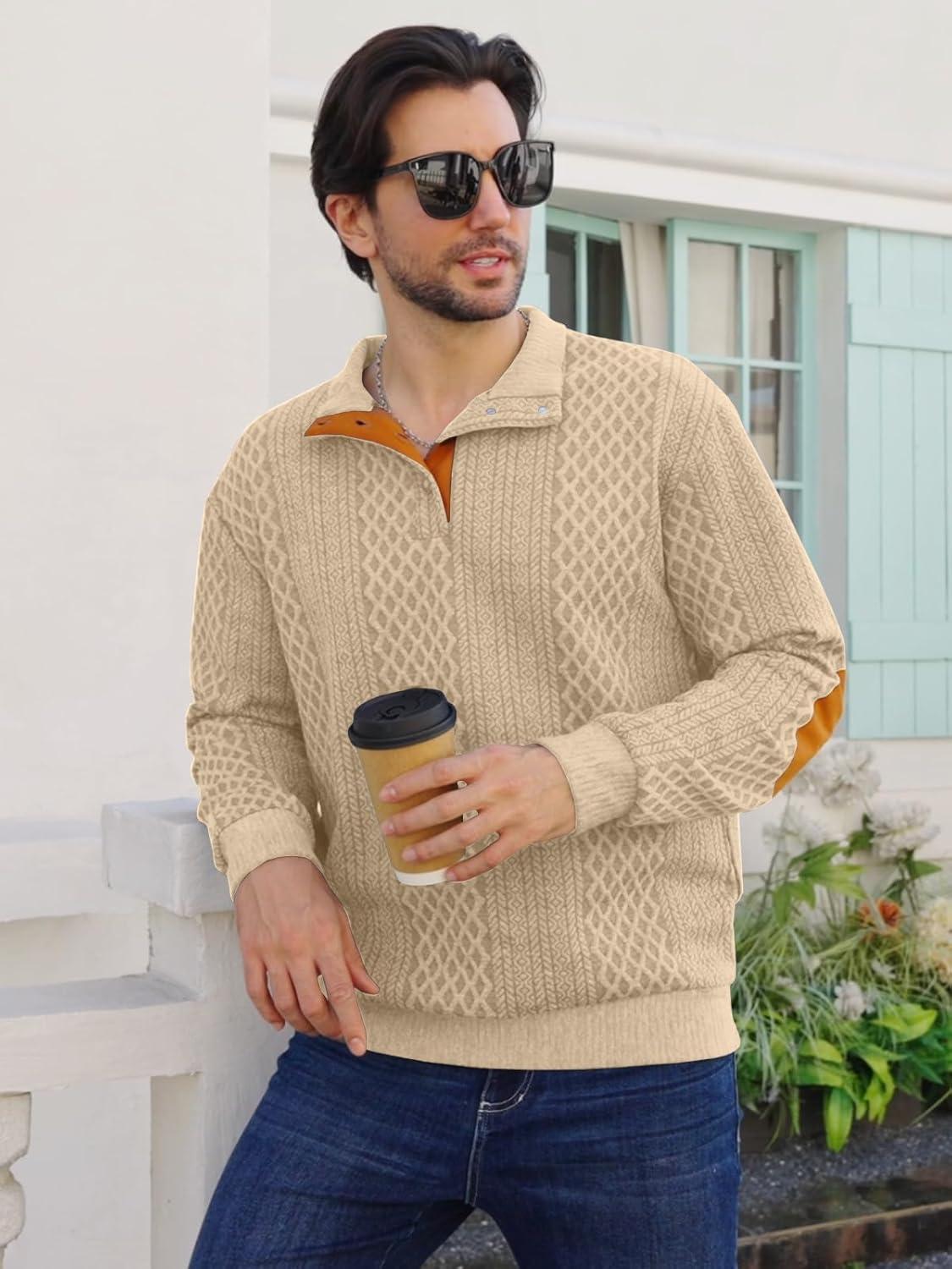 imageMens Block Striped Sweatshirt Casual Outdoor Long Sleeve Stand Collar Pullover Sweatshirt Button Quarter SweaterKhaki