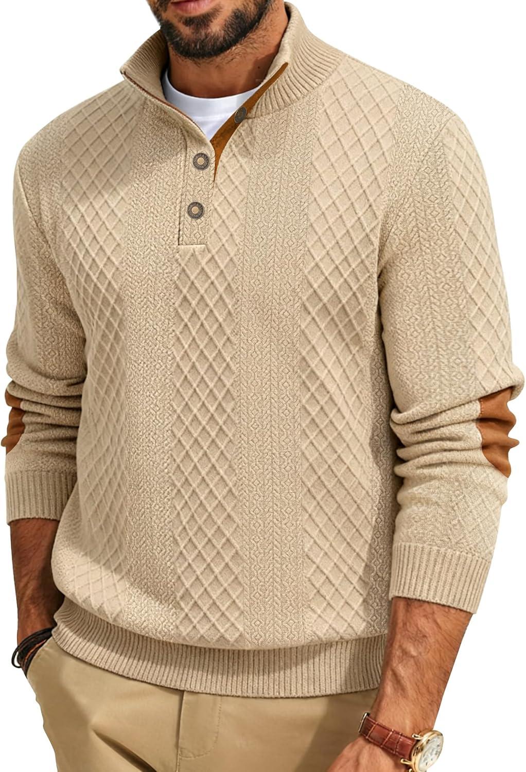 imageMens Block Striped Sweatshirt Casual Outdoor Long Sleeve Stand Collar Pullover Sweatshirt Button Quarter SweaterKhaki