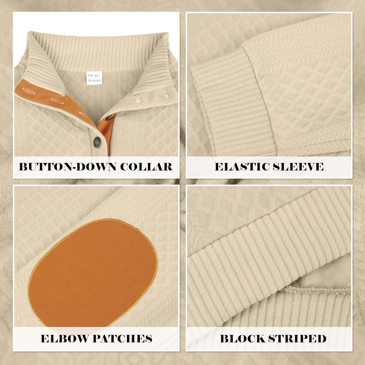 imageMens Block Striped Sweatshirt Casual Outdoor Long Sleeve Stand Collar Pullover Sweatshirt Button Quarter SweaterKhaki