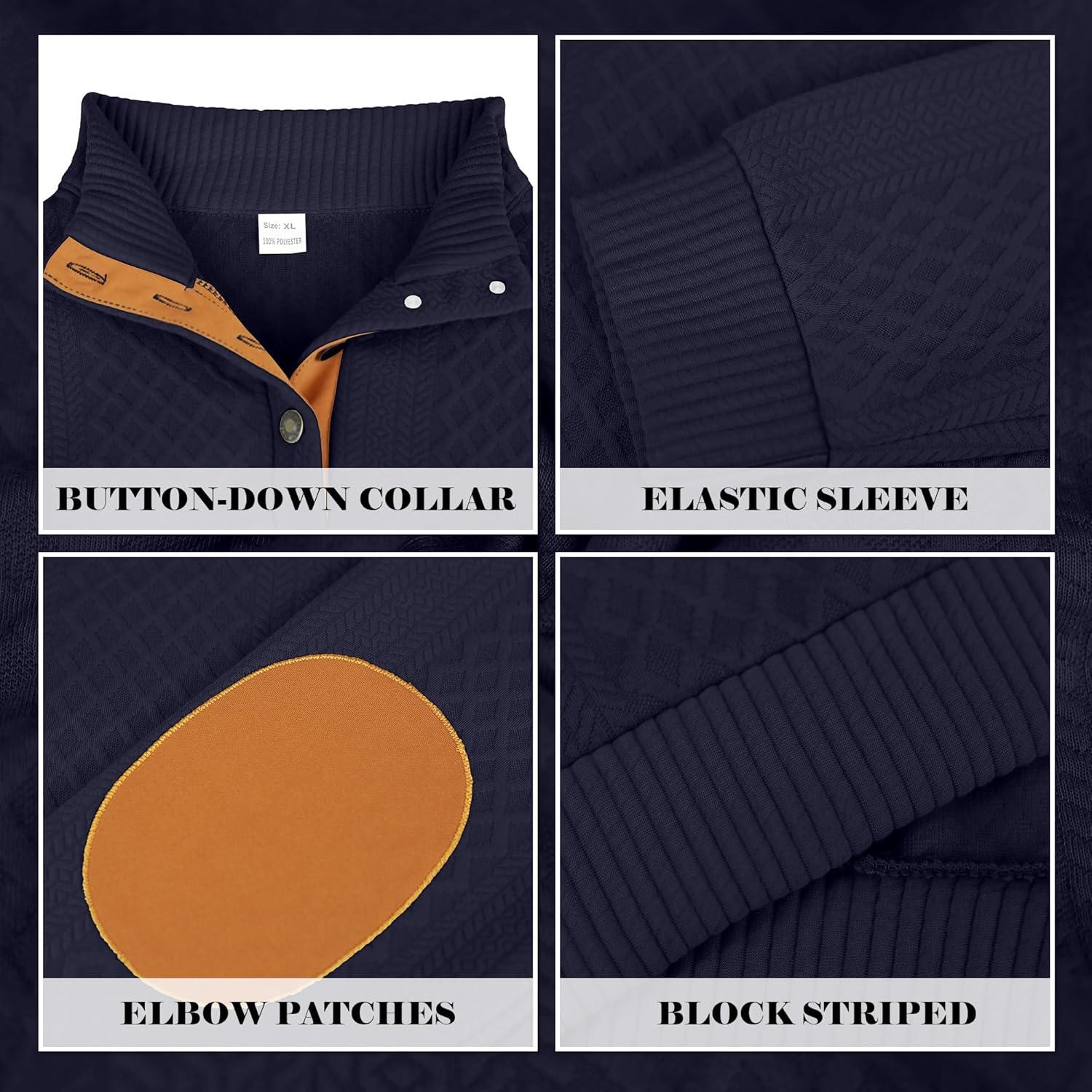 imageMens Block Striped Sweatshirt Casual Outdoor Long Sleeve Stand Collar Pullover Sweatshirt Button Quarter SweaterNavy