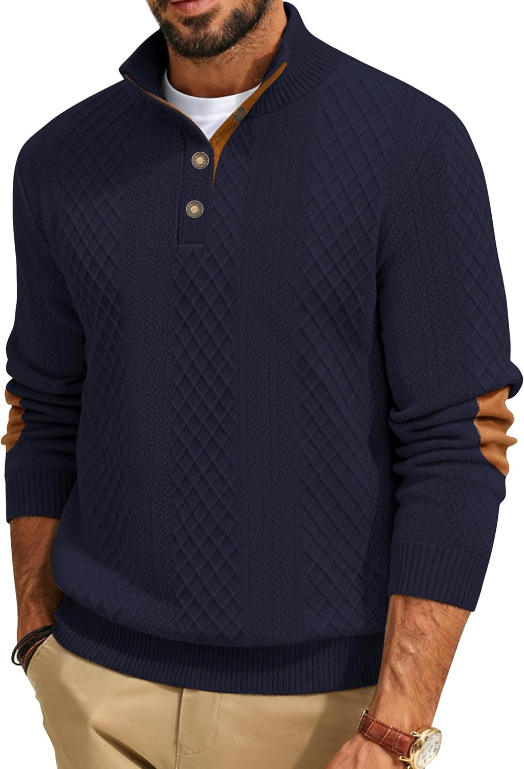 imageMens Block Striped Sweatshirt Casual Outdoor Long Sleeve Stand Collar Pullover Sweatshirt Button Quarter SweaterNavy