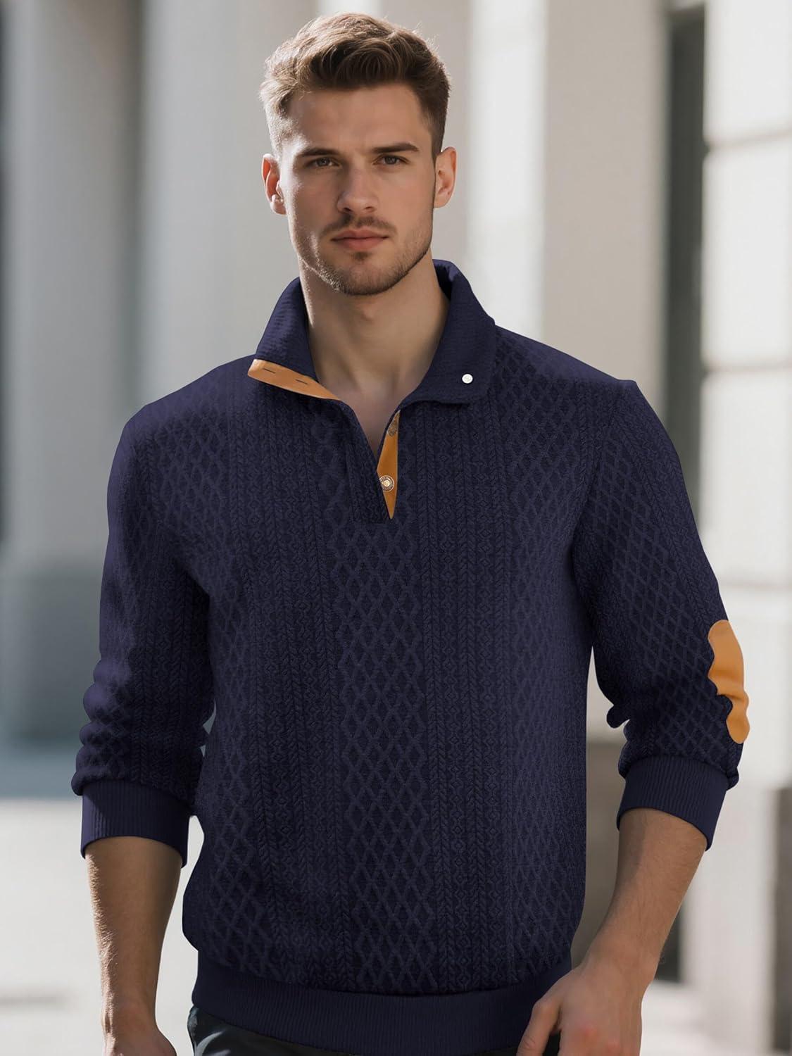 imageMens Block Striped Sweatshirt Casual Outdoor Long Sleeve Stand Collar Pullover Sweatshirt Button Quarter SweaterNavy