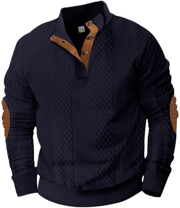 imageMens Block Striped Sweatshirt Casual Outdoor Long Sleeve Stand Collar Pullover Sweatshirt Button Quarter SweaterNavy