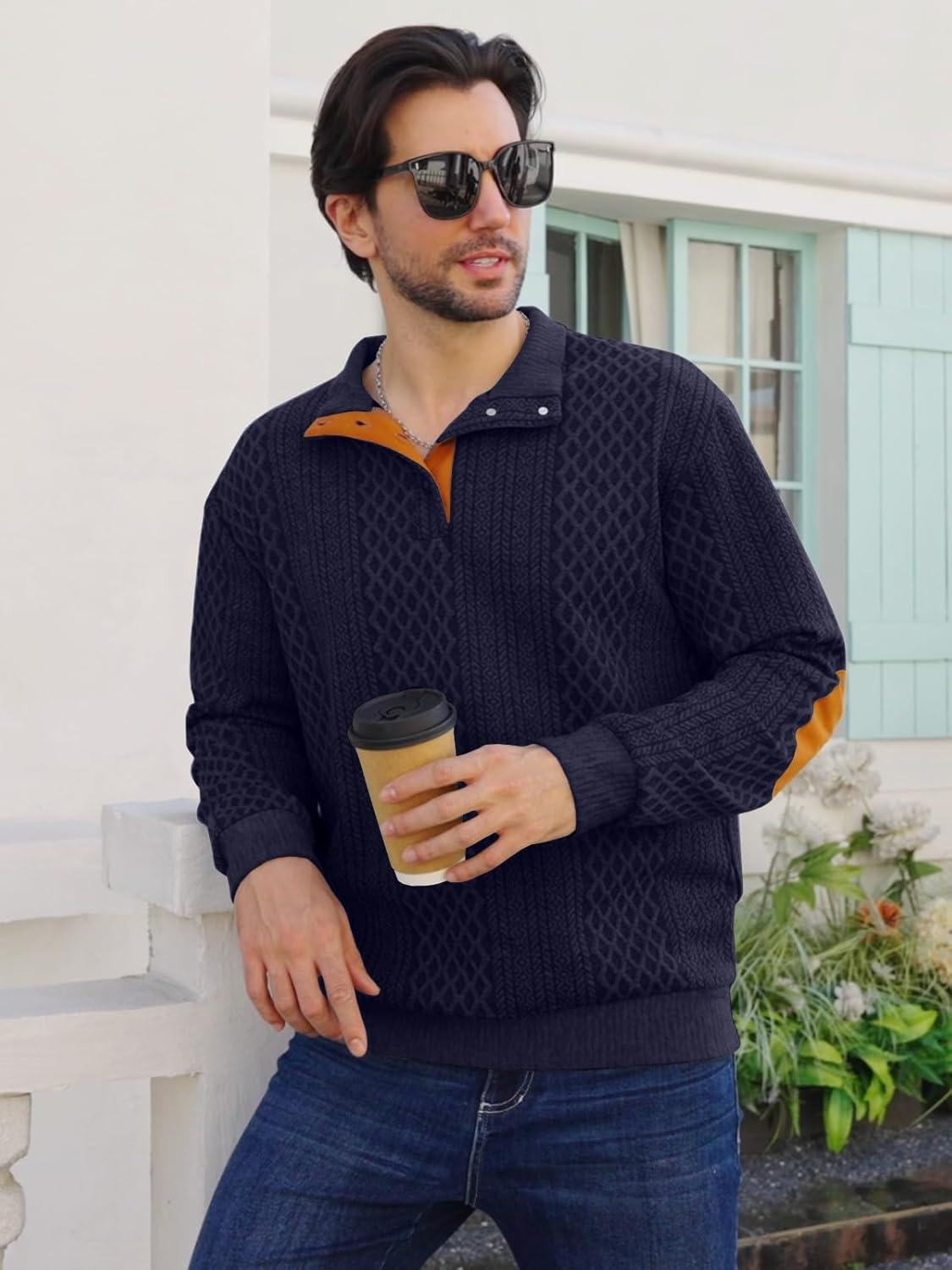 imageMens Block Striped Sweatshirt Casual Outdoor Long Sleeve Stand Collar Pullover Sweatshirt Button Quarter SweaterNavy