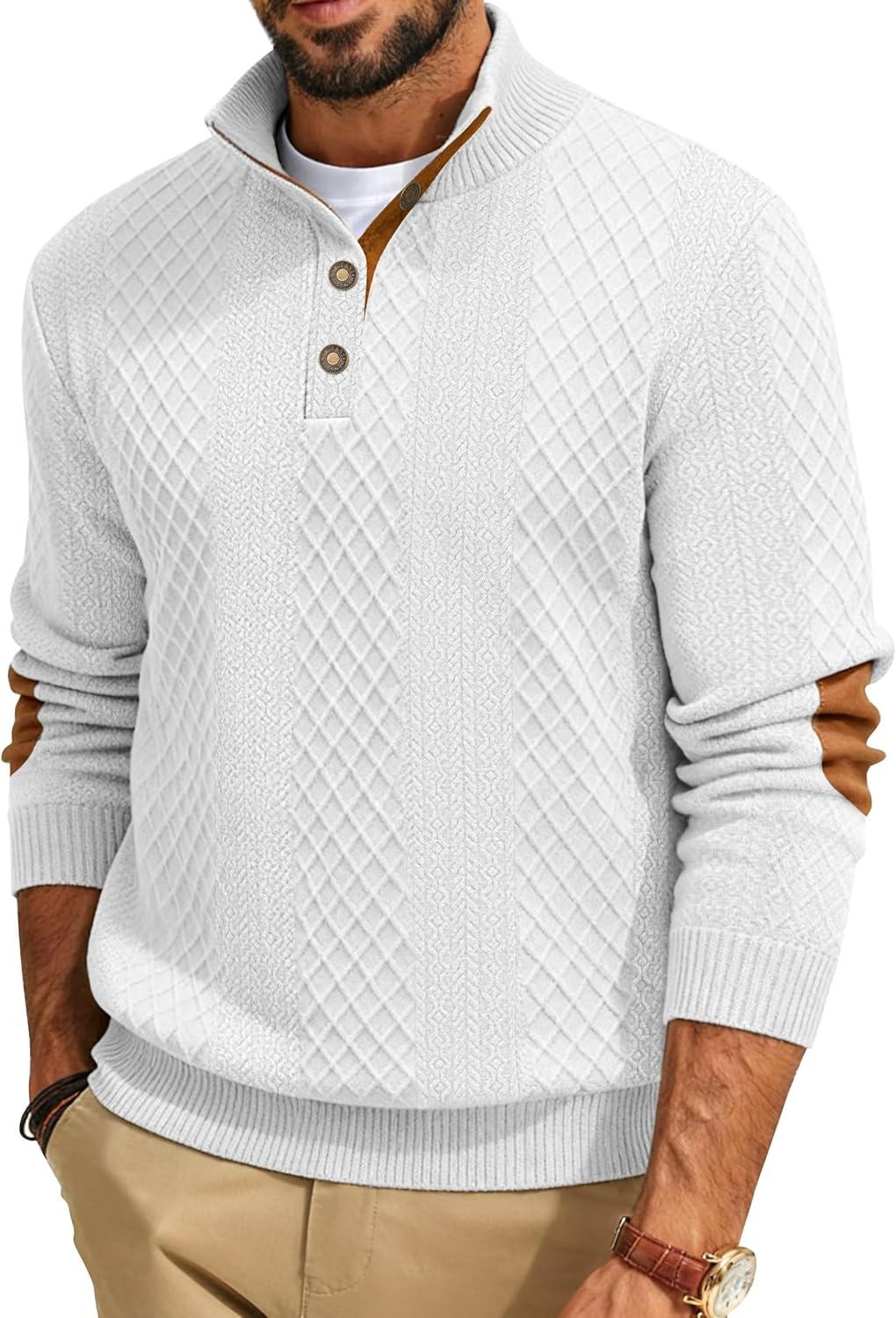 imageMens Block Striped Sweatshirt Casual Outdoor Long Sleeve Stand Collar Pullover Sweatshirt Button Quarter SweaterWhite