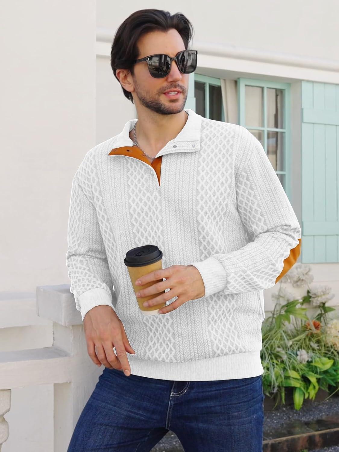 imageMens Block Striped Sweatshirt Casual Outdoor Long Sleeve Stand Collar Pullover Sweatshirt Button Quarter SweaterWhite