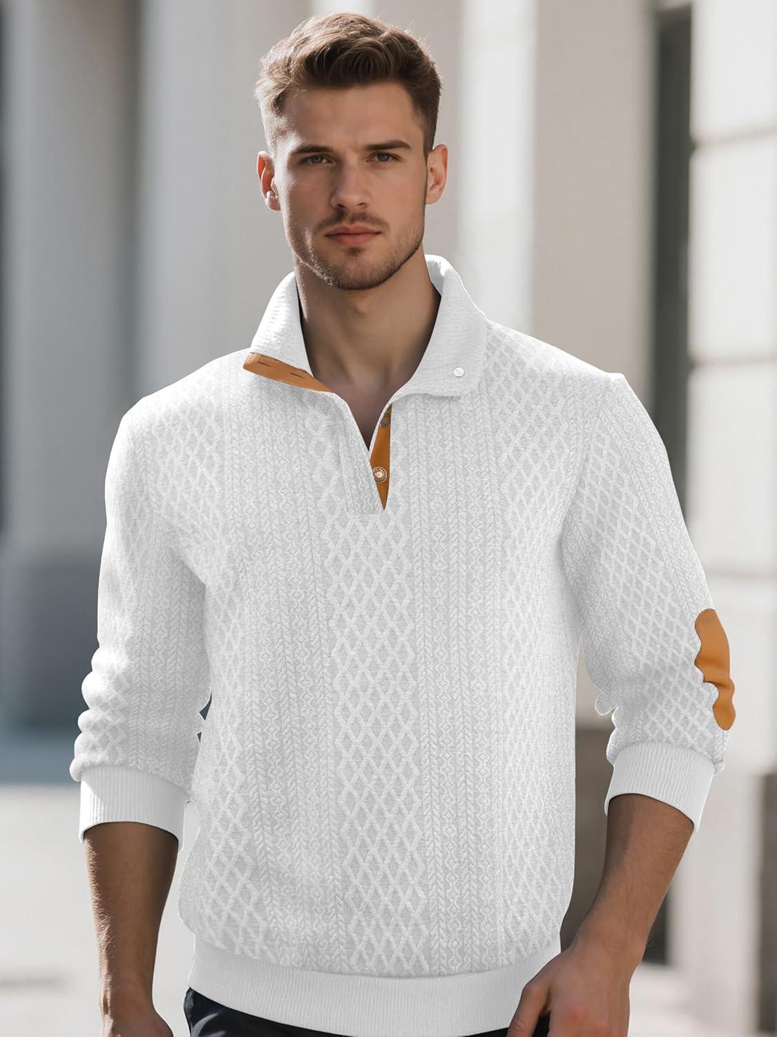 imageMens Block Striped Sweatshirt Casual Outdoor Long Sleeve Stand Collar Pullover Sweatshirt Button Quarter SweaterWhite