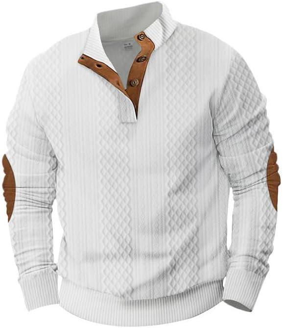 imageMens Block Striped Sweatshirt Casual Outdoor Long Sleeve Stand Collar Pullover Sweatshirt Button Quarter SweaterWhite