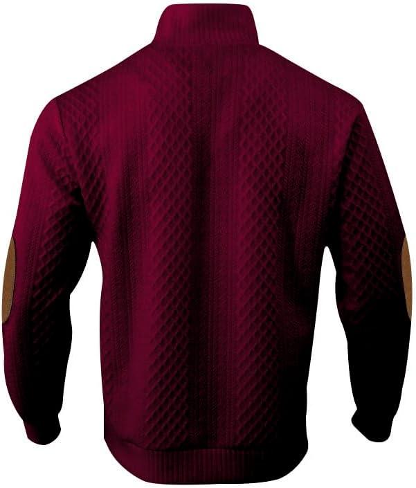 imageMens Block Striped Sweatshirt Casual Outdoor Long Sleeve Stand Collar Pullover Sweatshirt Button Quarter SweaterWine Red
