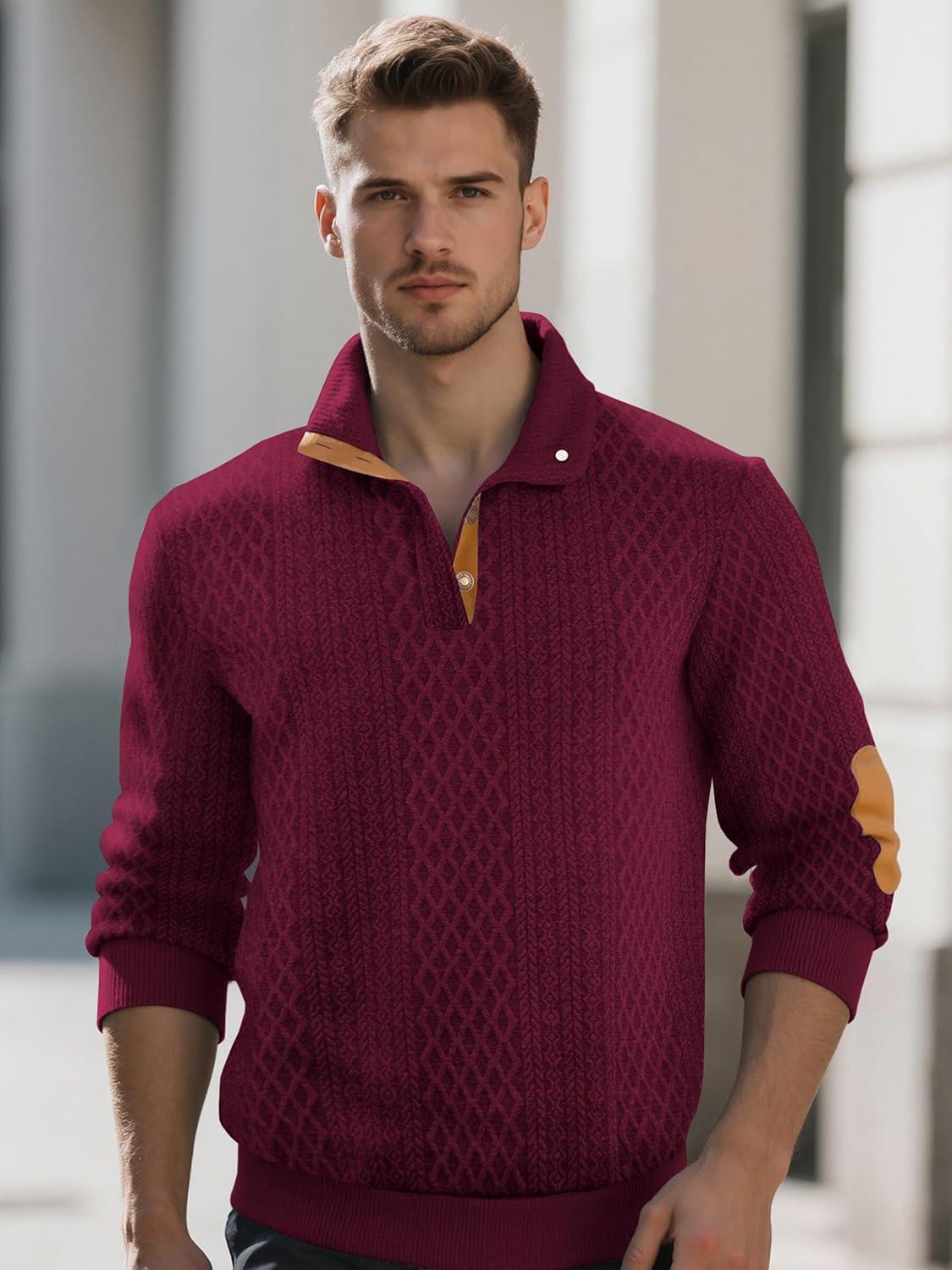 imageMens Block Striped Sweatshirt Casual Outdoor Long Sleeve Stand Collar Pullover Sweatshirt Button Quarter SweaterWine Red