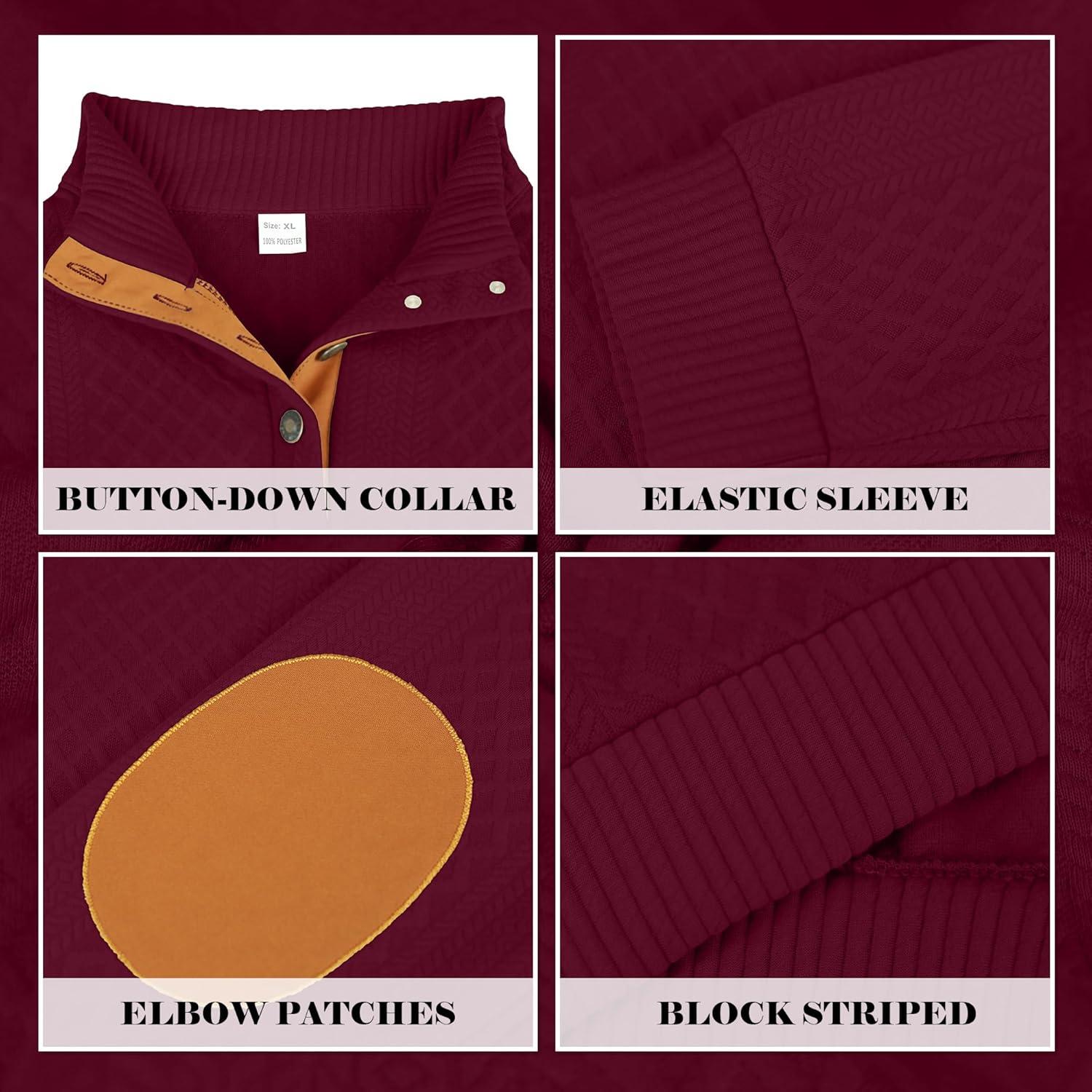 imageMens Block Striped Sweatshirt Casual Outdoor Long Sleeve Stand Collar Pullover Sweatshirt Button Quarter SweaterWine Red